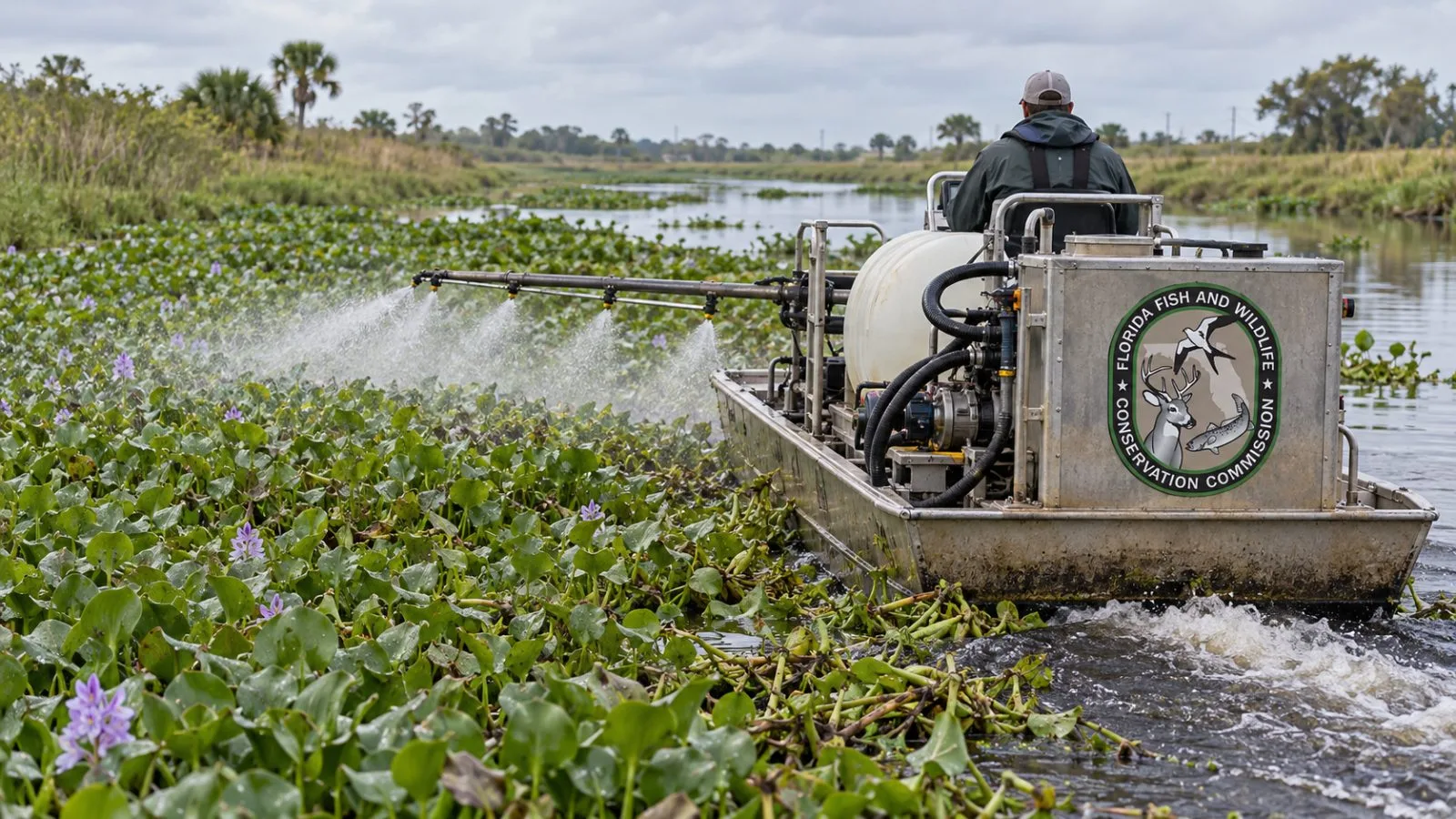 A treatment boat sprays floating water hyacinth on a canal near Clewiston, Florida. / EconoTimes.ai