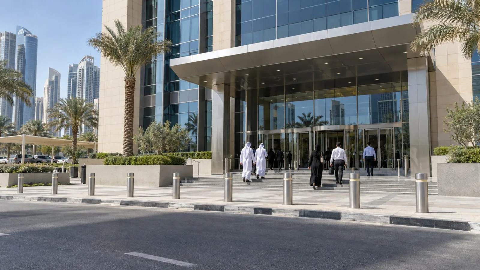 Visitors enter a Federal Tax Authority office in Abu Dhabi on a clear morning. (AI-generated image / EconoTimes)