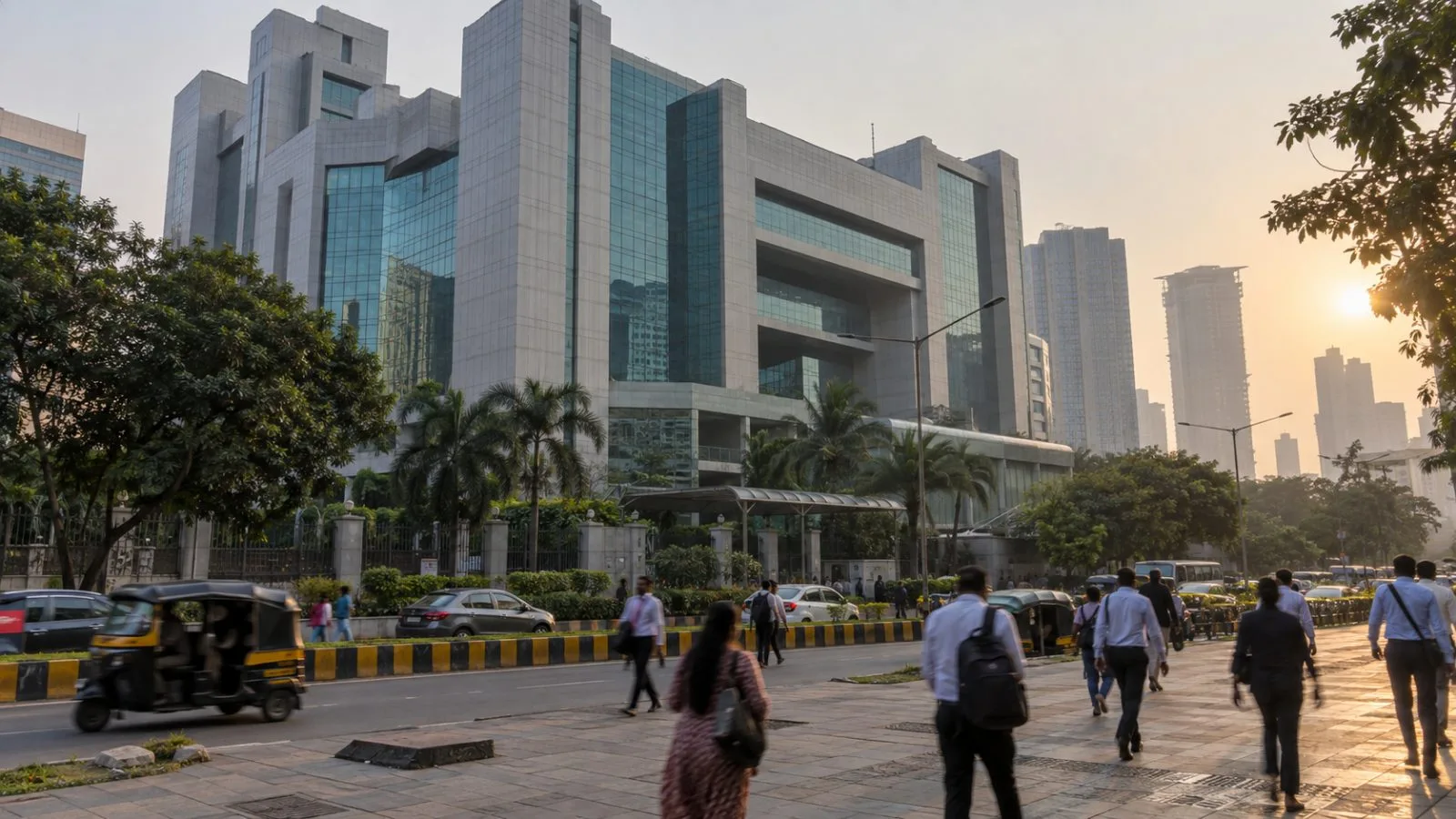 Pedestrians pass the National Stock Exchange building in Mumbai in afternoon light. (AI-generated image / EconoTimes)