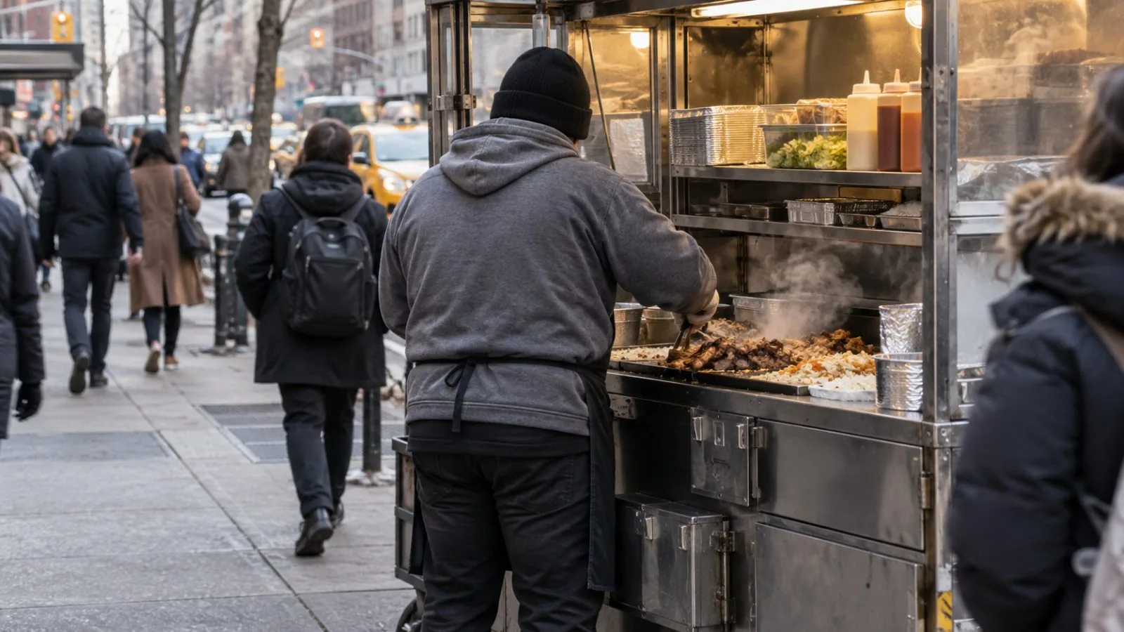 A vendor serves food from a cart on a New York City sidewalk. (AI-generated image / EconoTimes)