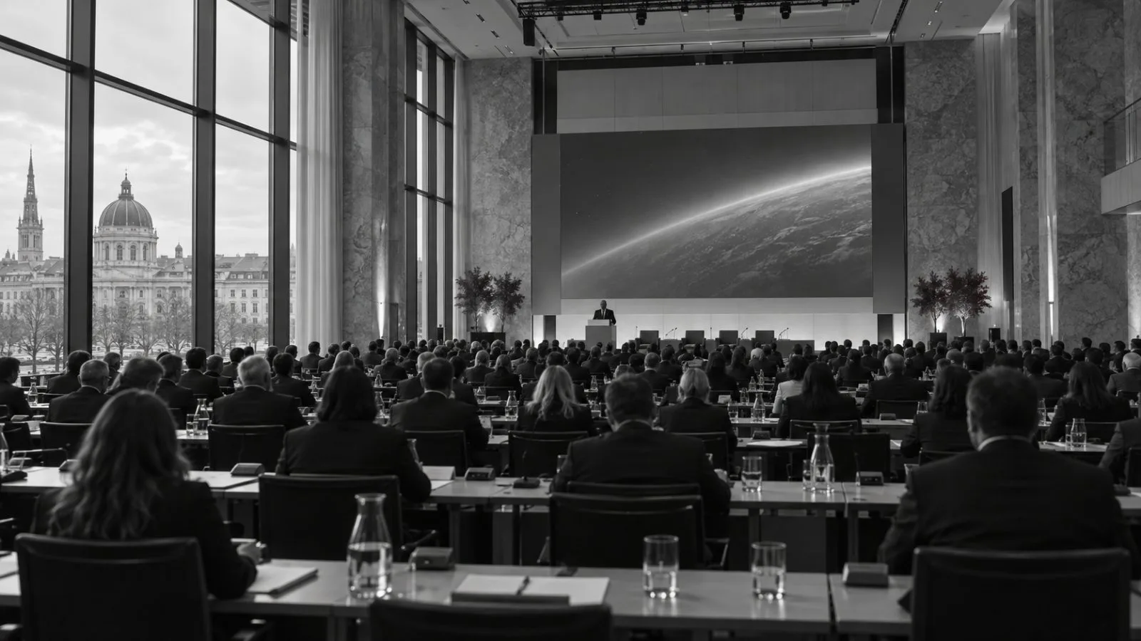 Delegates listen to a speaker at the U.S. Space Forum in Vienna, Austria. (AI-generated image / EconoTimes)