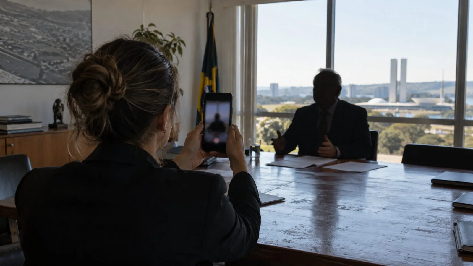 A campaign aide records a selfie video in a meeting room in Brasília, Brazil. (AI-generated image / EconoTimes)