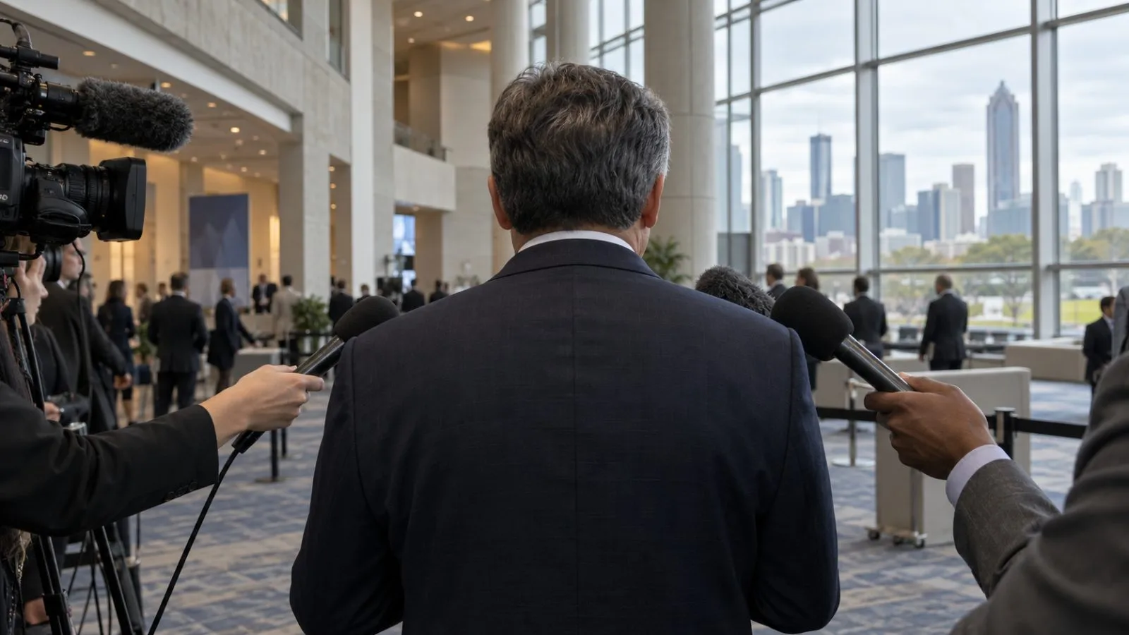 Reporters raise microphones toward an anonymous official at a G20 meeting venue in Atlanta, Georgia (AI-generated image / EconoTimes)