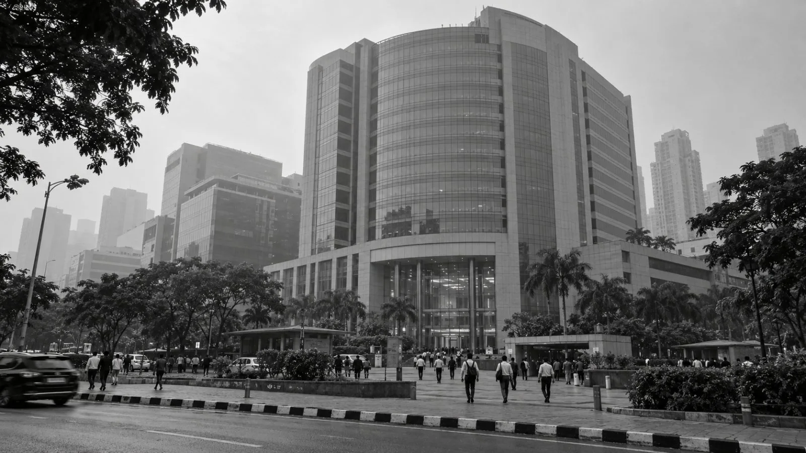 Office workers cross the courtyard at CRISIL House in Powai, Mumbai. (AI-generated image / EconoTimes)