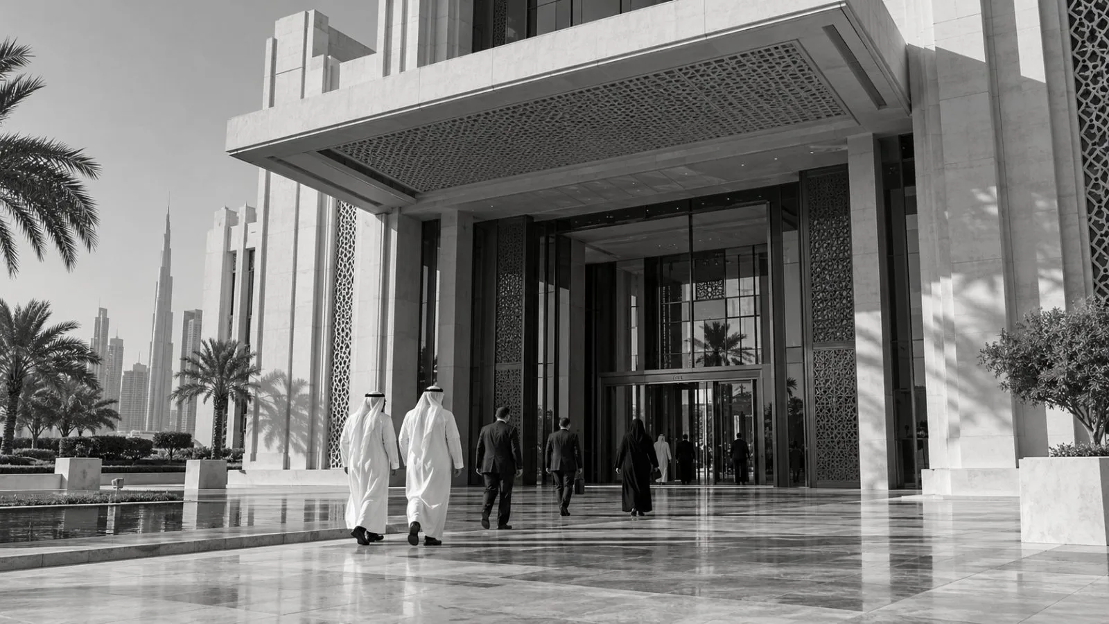 Officials enter a government administration building in Dubai on a clear morning. (AI-generated image / EconoTimes)