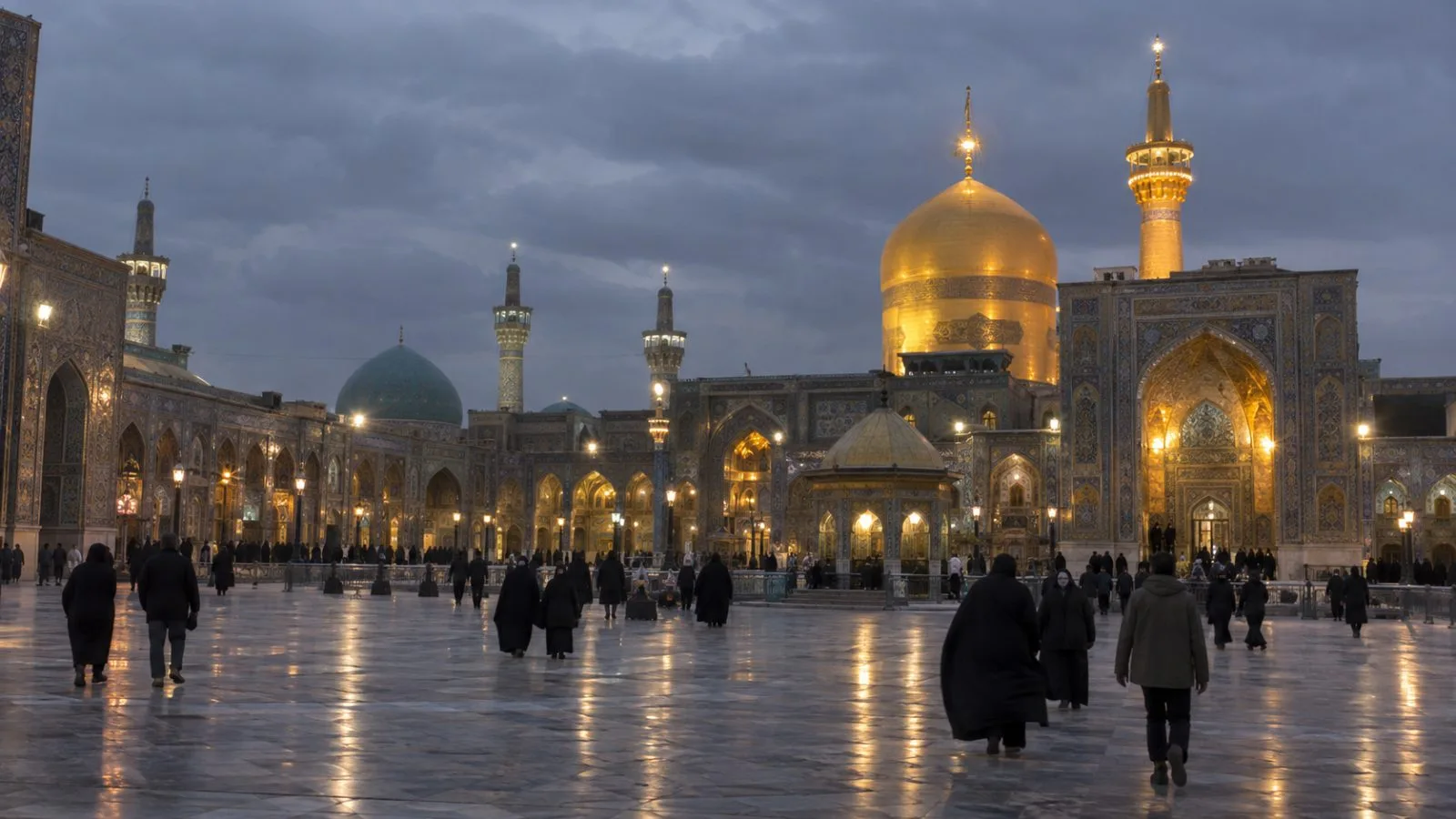 Visitors cross the courtyard of Imam Reza Shrine in Mashhad, Iran, beneath evening lights. (AI-generated image / EconoTimes)