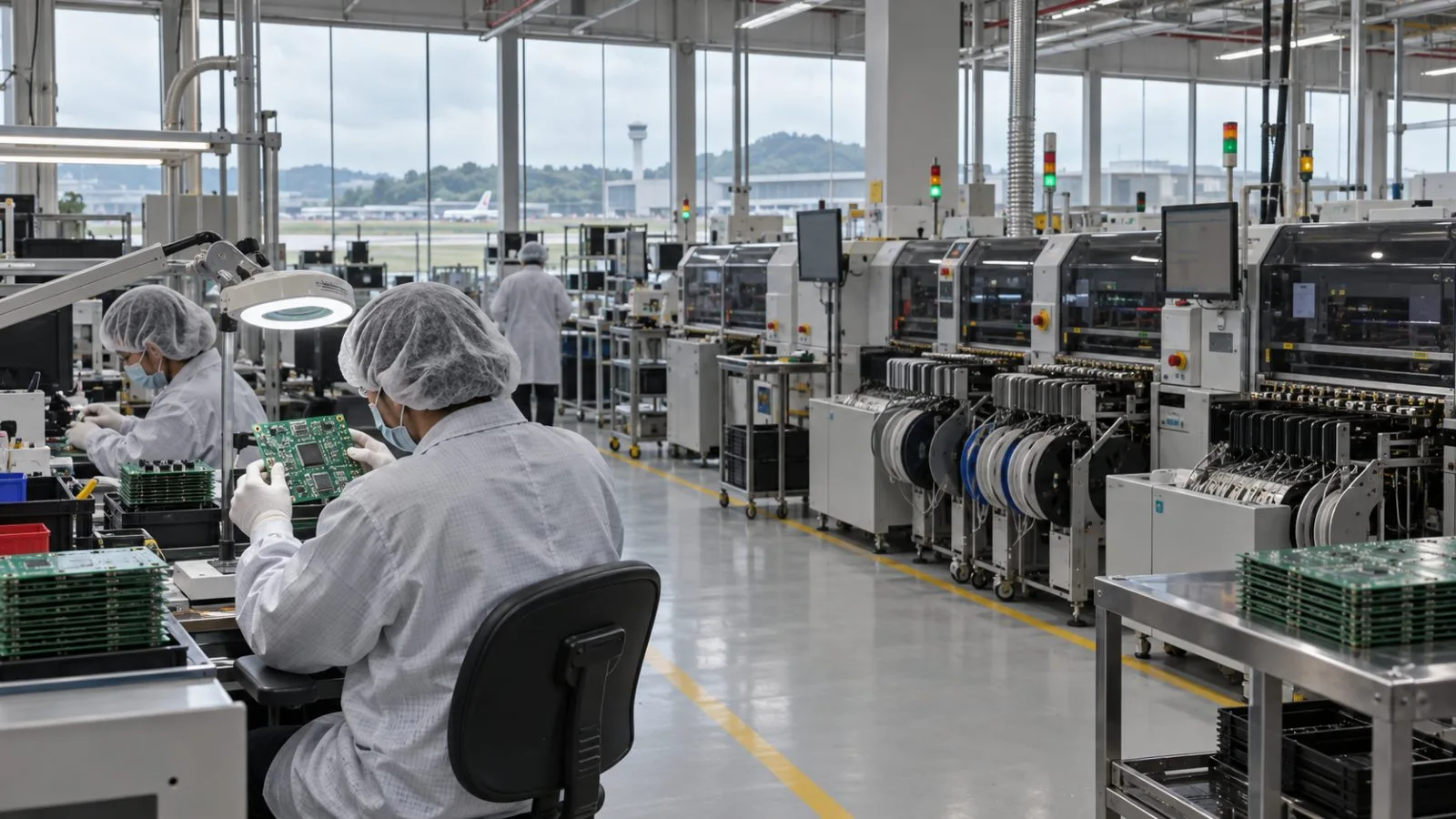 Technicians inspect circuit boards beside an assembly line at a factory in Senai, Malaysia. (AI-generated image / EconoTimes)