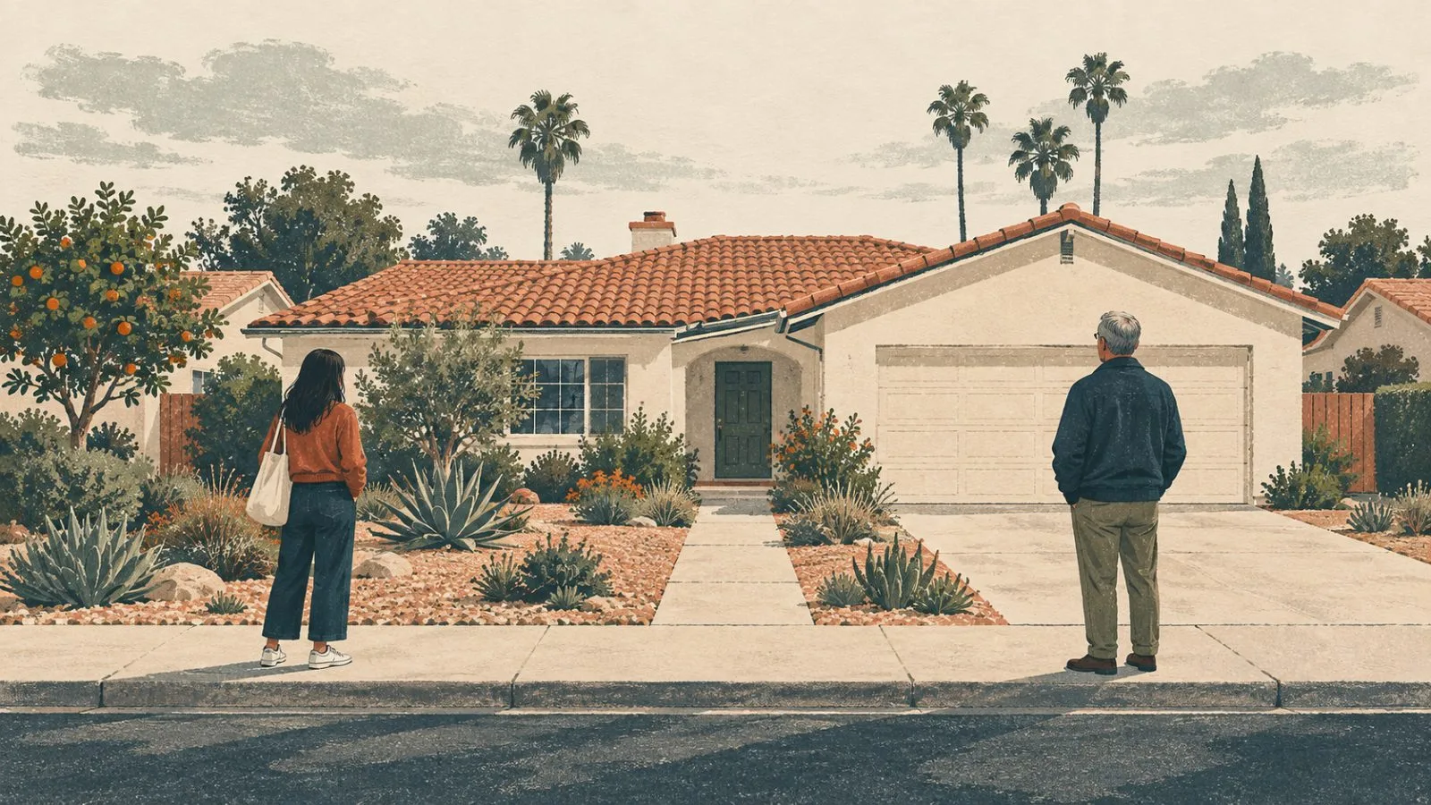 Illustration depicts two prospective buyers outside a detached home in Anaheim, California. (AI-generated image / EconoTimes)