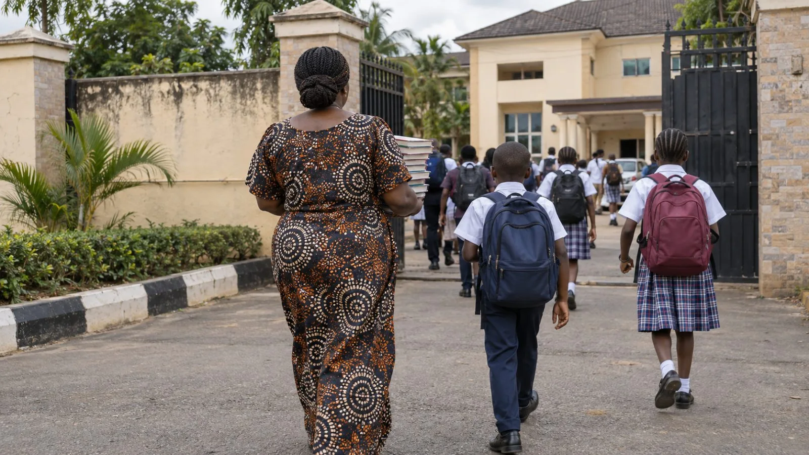 Parents and pupils pass a private school entrance in Abuja, Nigeria, after classes. (AI-generated image / EconoTimes)
