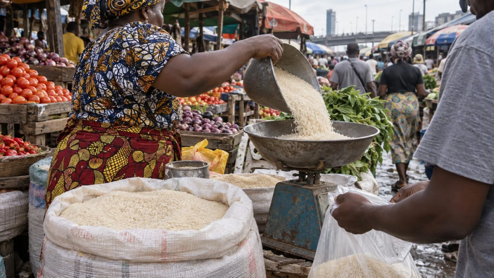 Vendors display sacks of rice and fresh produce at a food market in Lagos, Nigeria. (AI-generated image / EconoTimes)