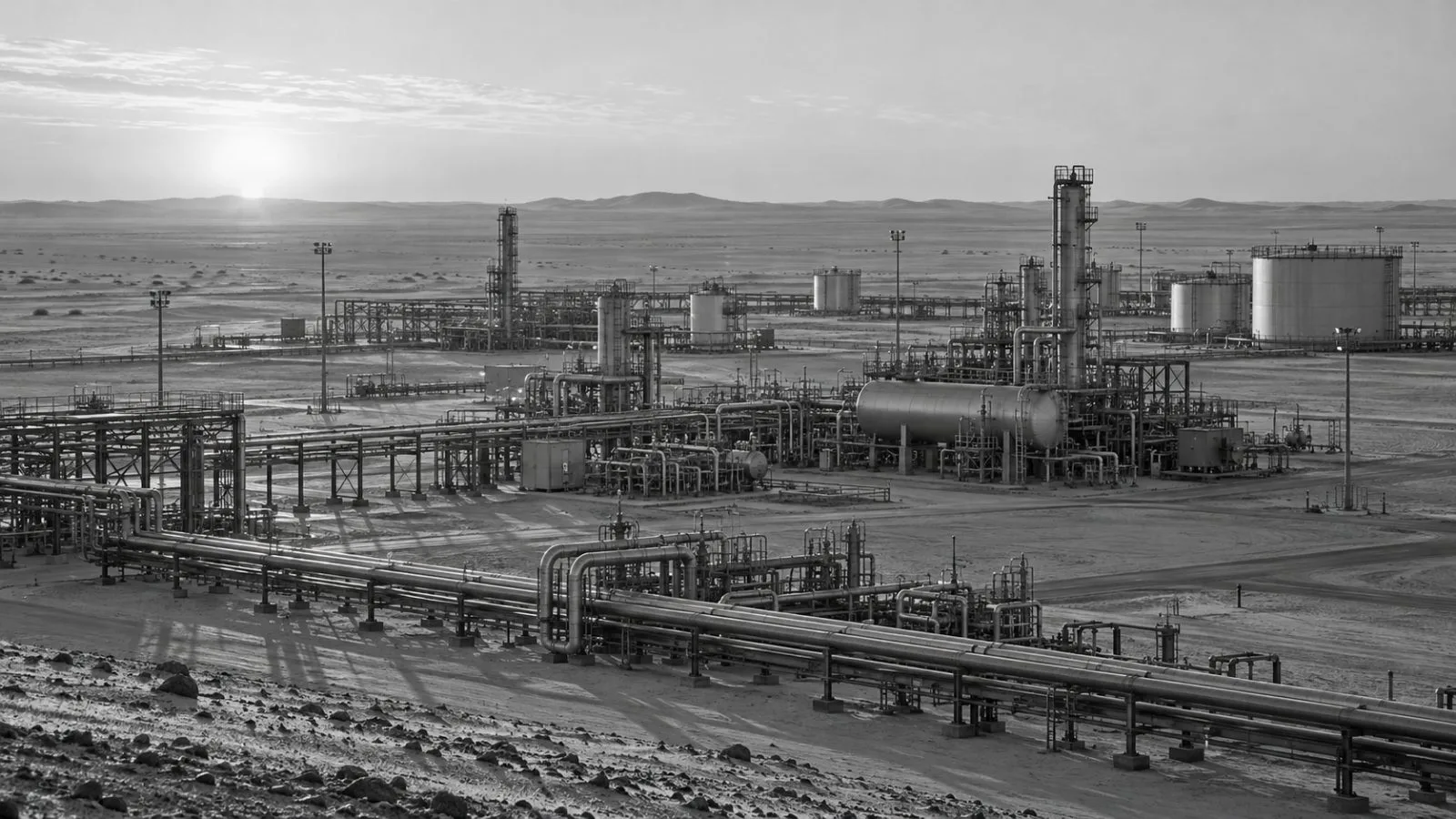 Oil processing equipment stretches across the desert at Shaybah oil field in Saudi Arabia (AI-generated image / EconoTimes)