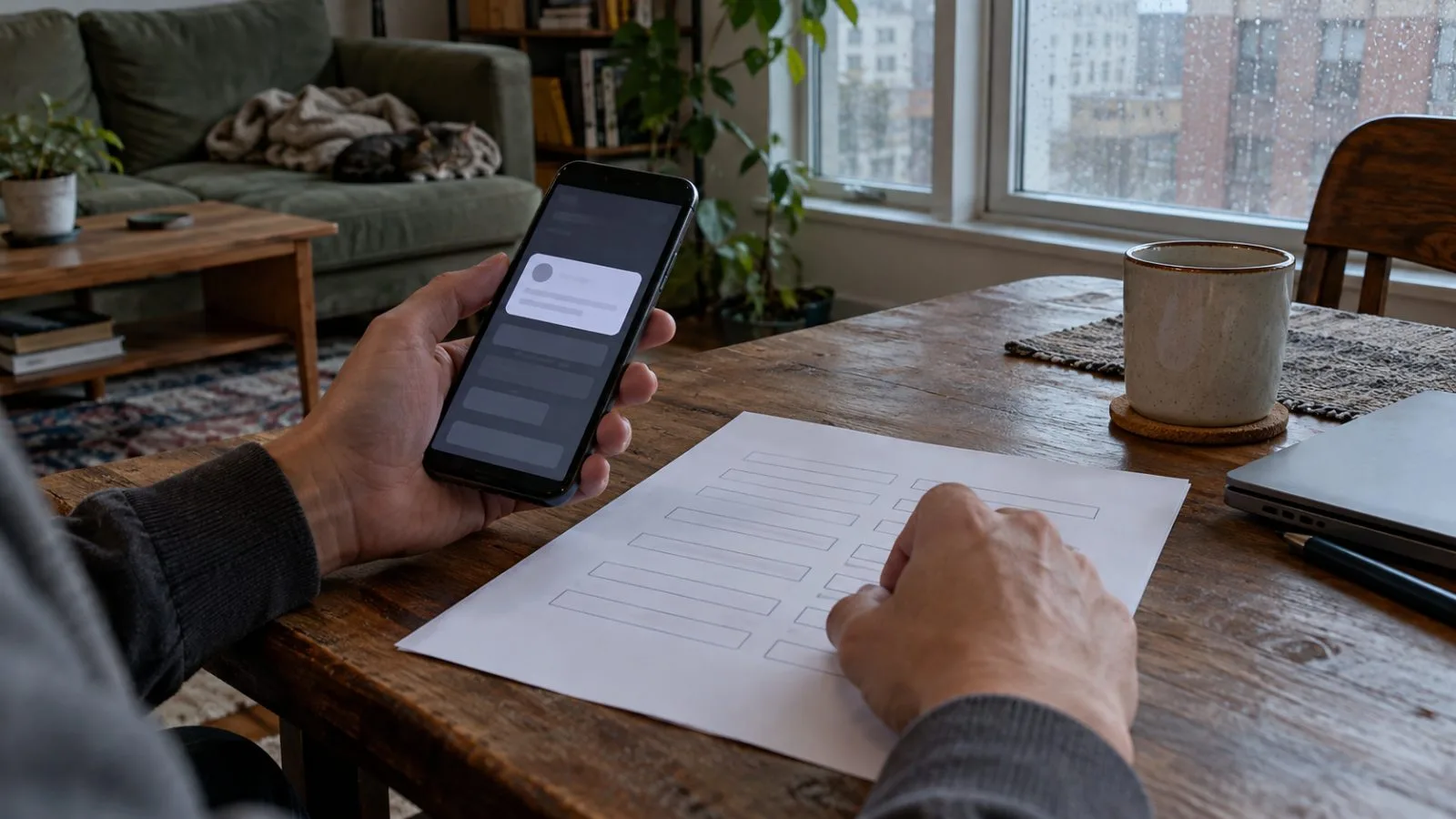 Hands hold a smartphone above a kitchen table in a private home (AI-generated image / EconoTimes)