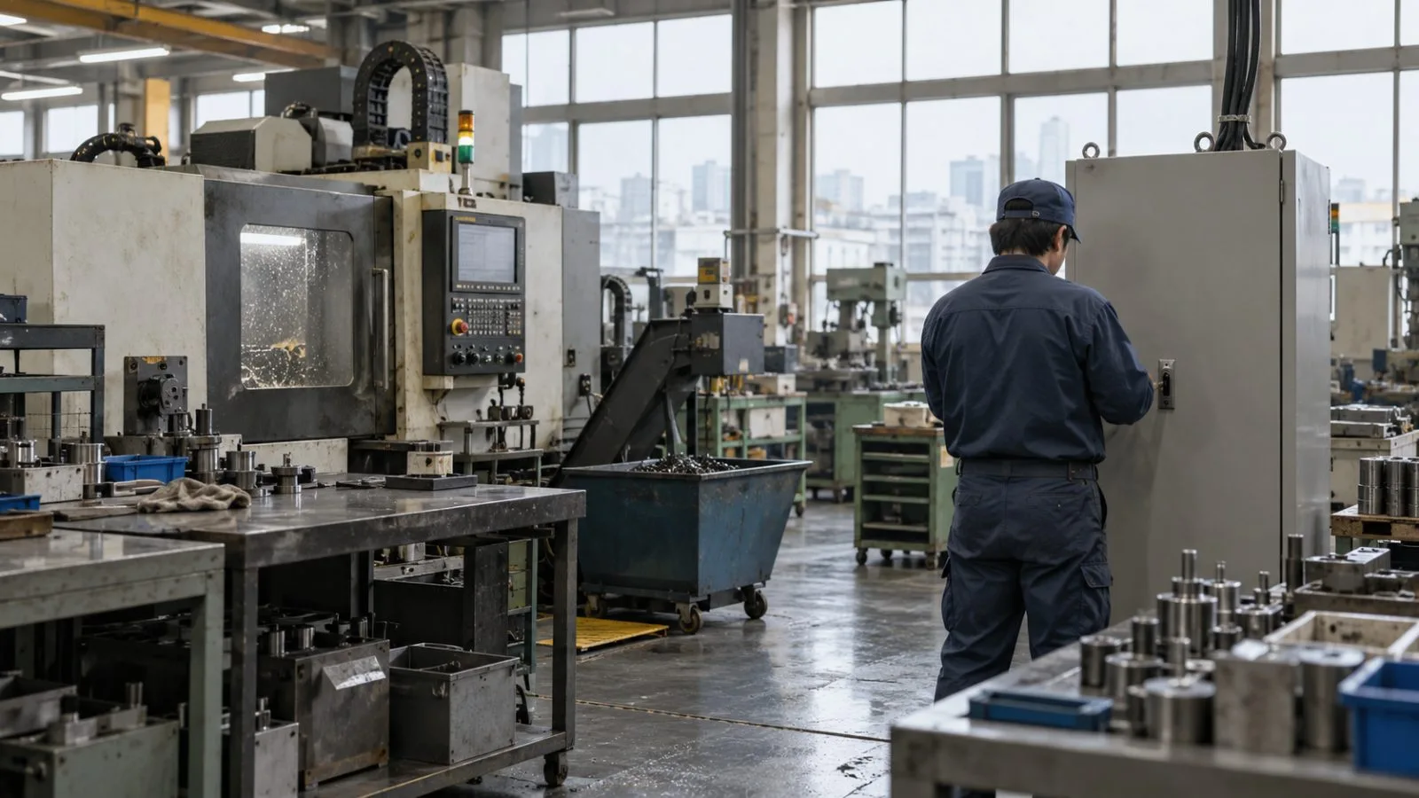 A technician inspects an industrial control cabinet on a small factory floor in Tokyo, Japan. (AI-generated image / EconoTimes)