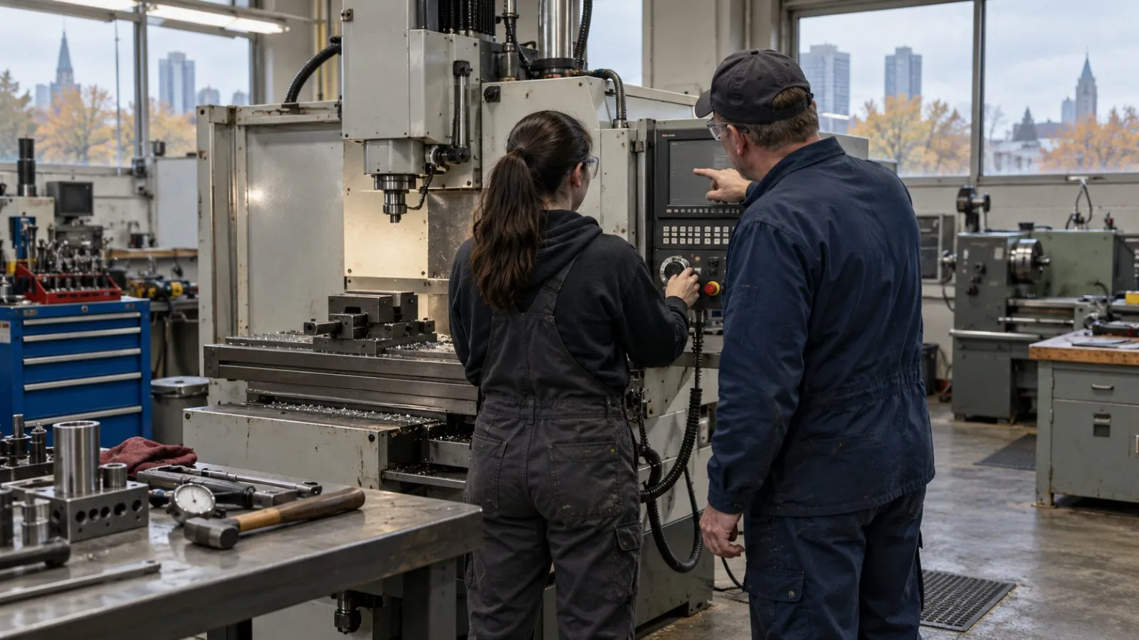 A worker practices operating a machine tool during a training session in Ottawa, Canada. (AI-generated image / EconoTimes)