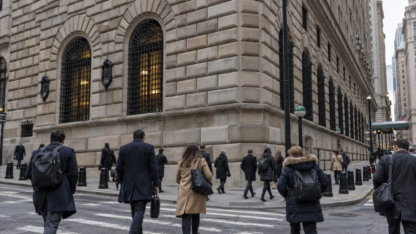 Commuters pass the Federal Reserve Bank of New York on Liberty Street in Manhattan (AI-generated image / EconoTimes)