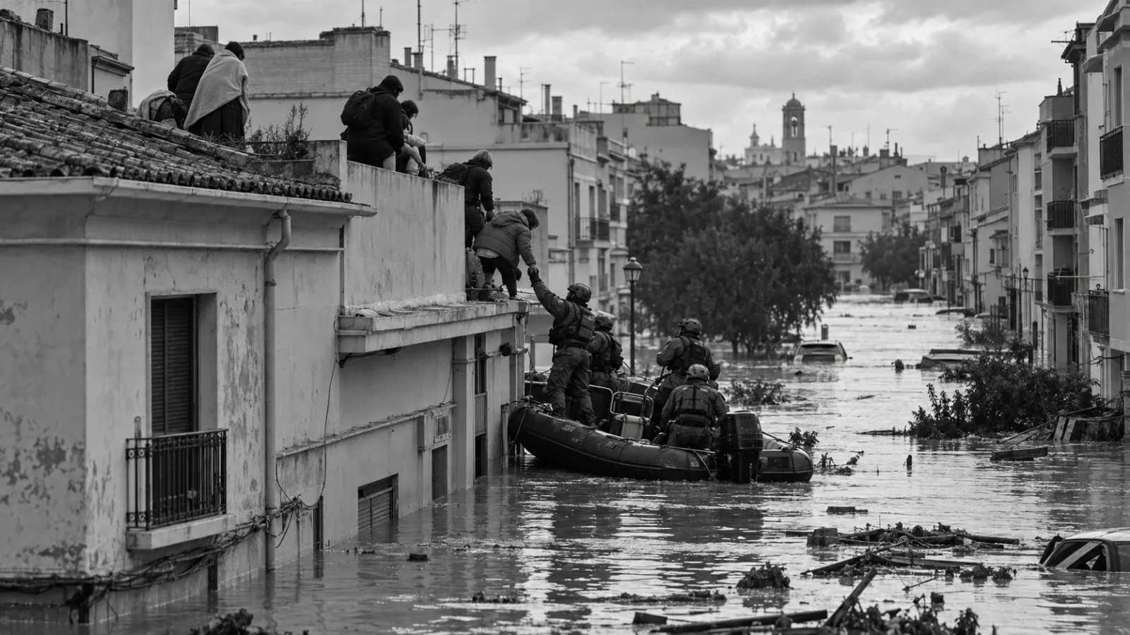 Military rescuers help residents from a rooftop above flooded streets in Valencia, Spain. (AI-generated image / EconoTimes)