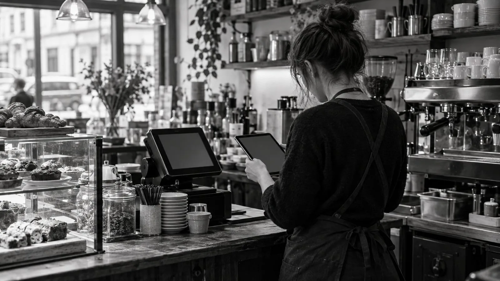A small-business worker checks a tablet beside a café till in London, UK. (AI-generated image / EconoTimes)