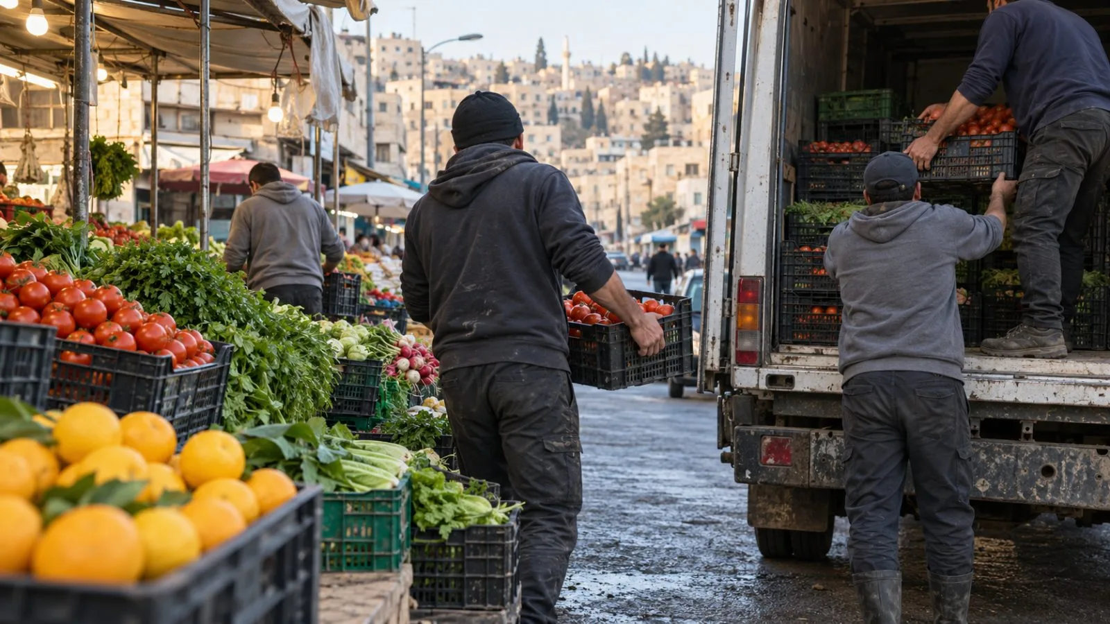 Workers move produce crates at a market in downtown Amman, Jordan. (AI-generated image / EconoTimes)