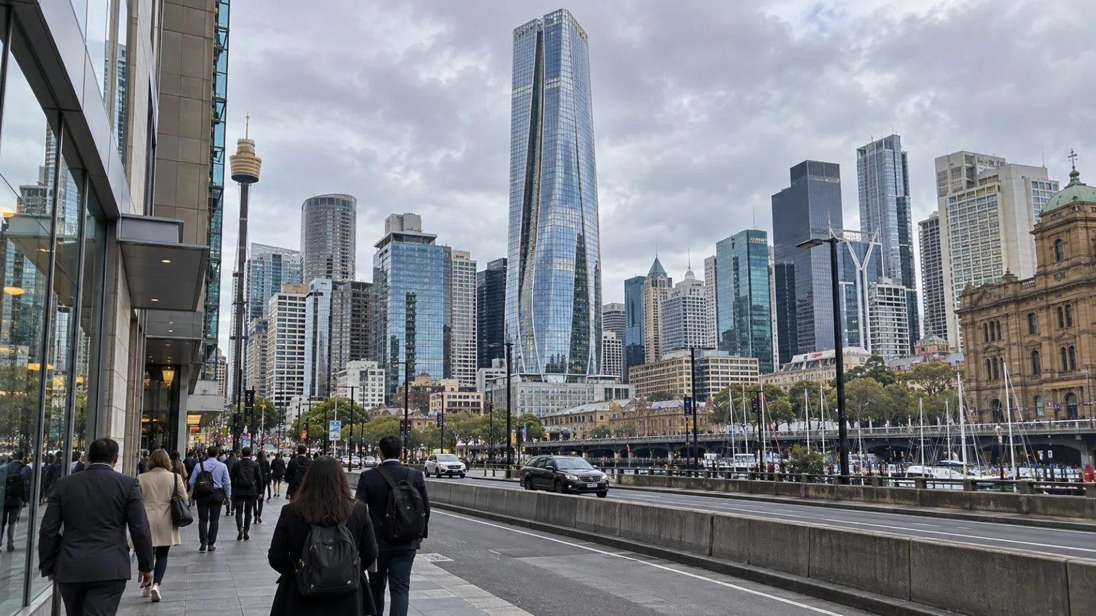 Commuters pass the glass facade of Salesforce Tower in Sydney, Australia. (AI-generated image / EconoTimes)