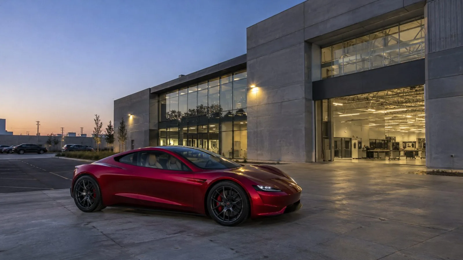 A Roadster prototype is displayed outside Tesla's design studio in Hawthorne, California, at night. (AI-generated image / EconoTimes)