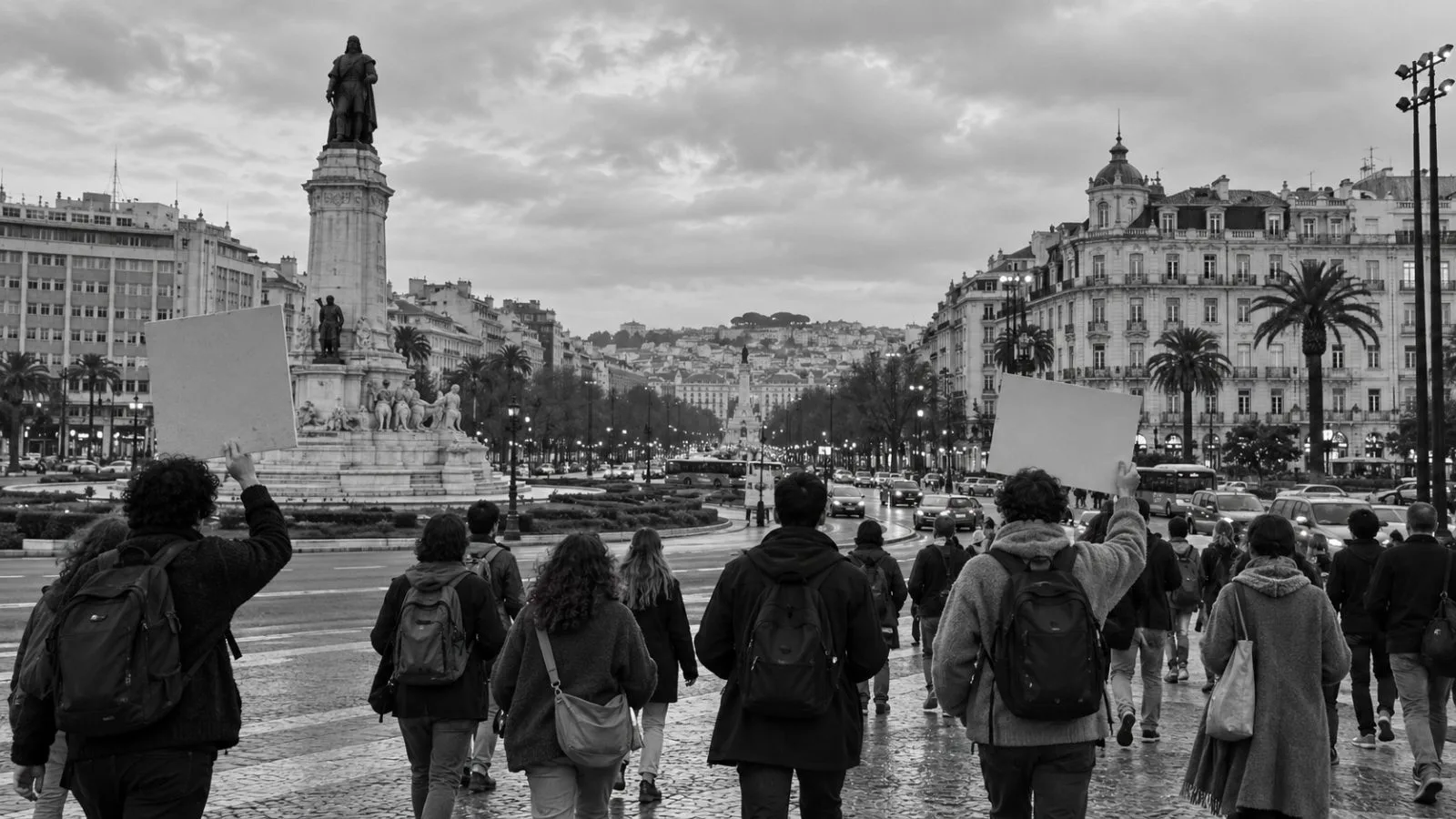 Pedestrians cross Lisbon’s Praça do Marquês de Pombal beside residential buildings (AI-generated image / EconoTimes)