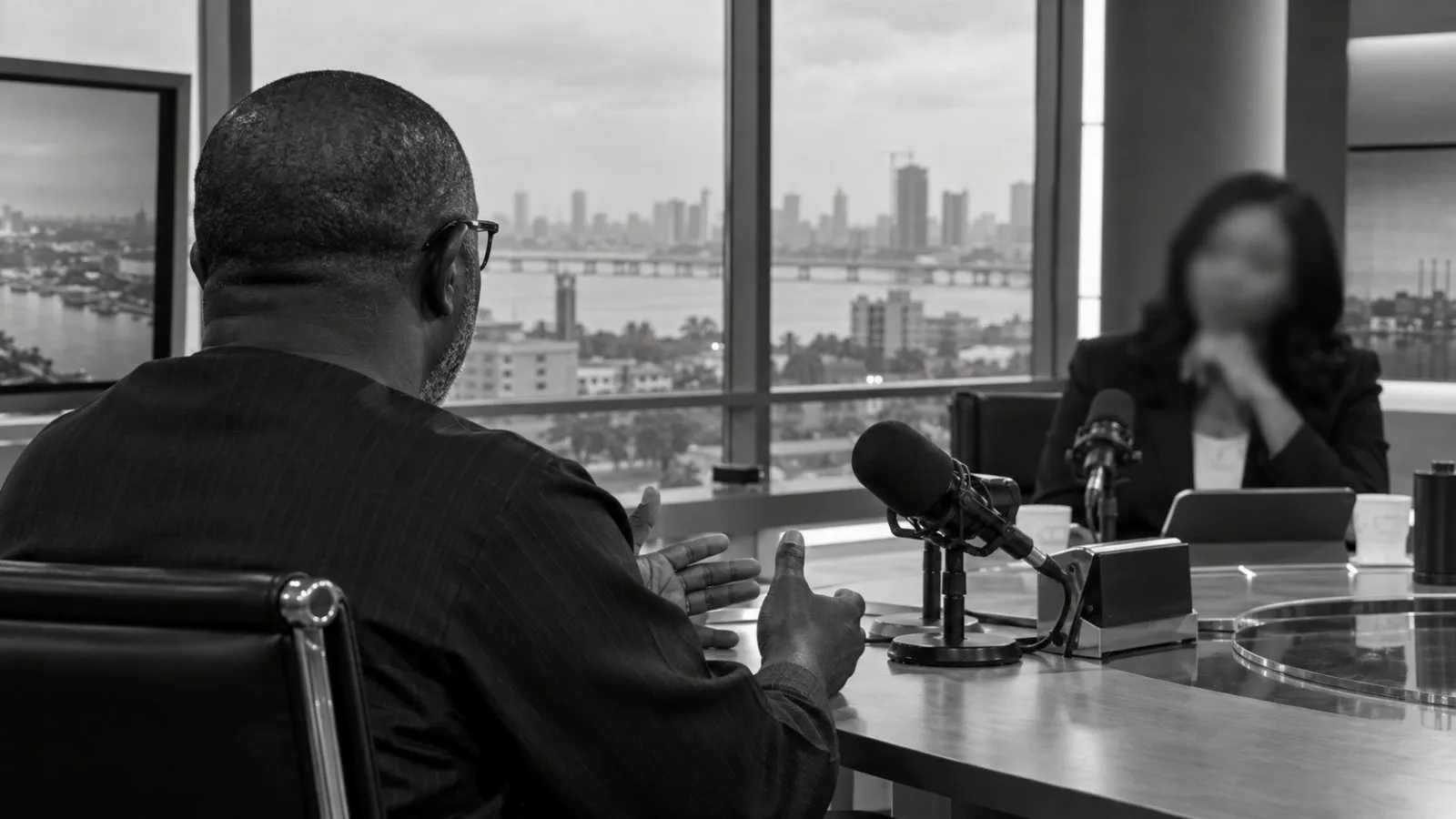 A guest and presenter sit across microphones during a morning television interview in Lagos, Nigeria. (AI-generated image / EconoTimes)