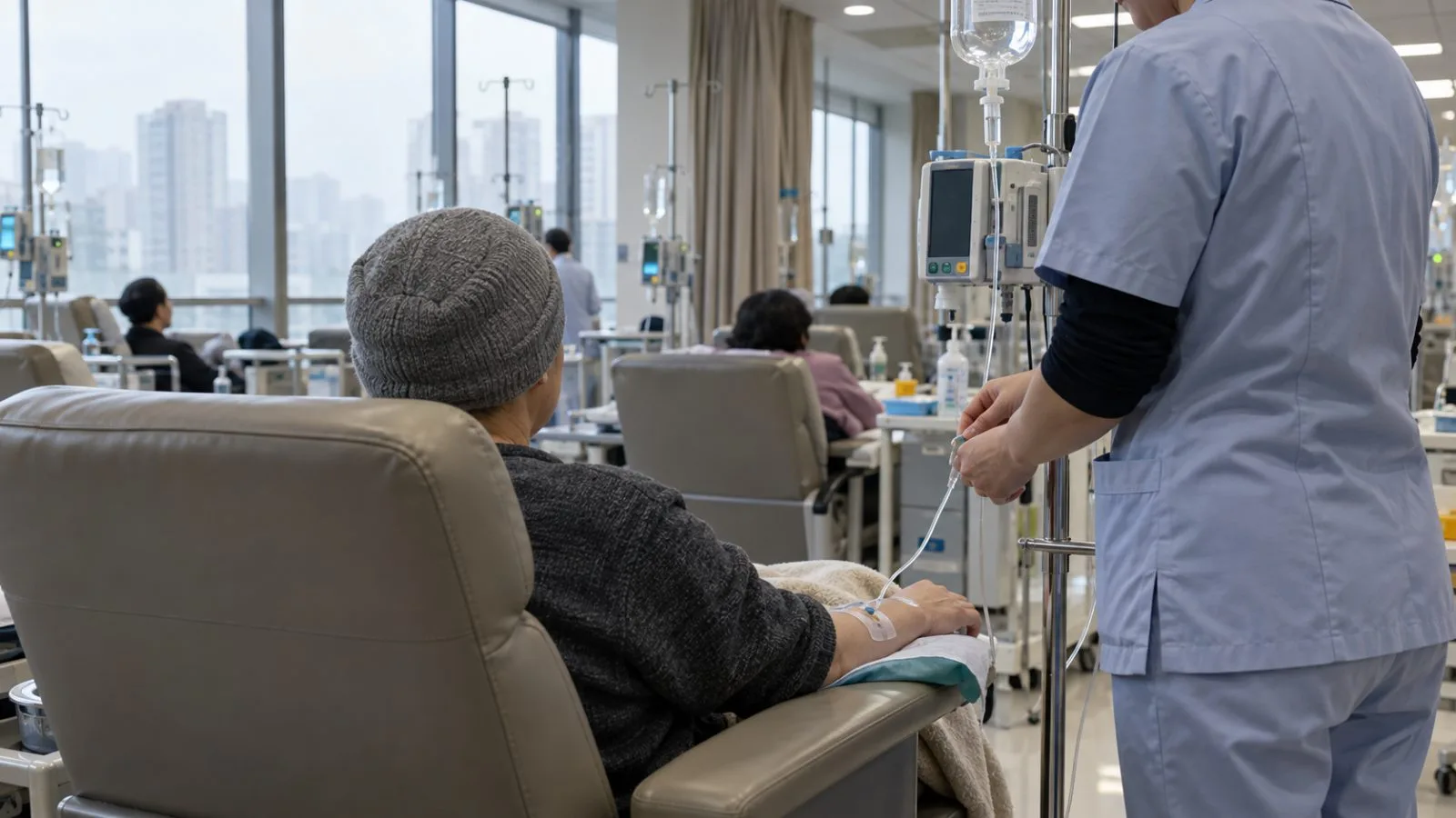 A nurse checks an intravenous line beside a patient in an oncology clinic in Beijing, China. (AI-generated image / EconoTimes)