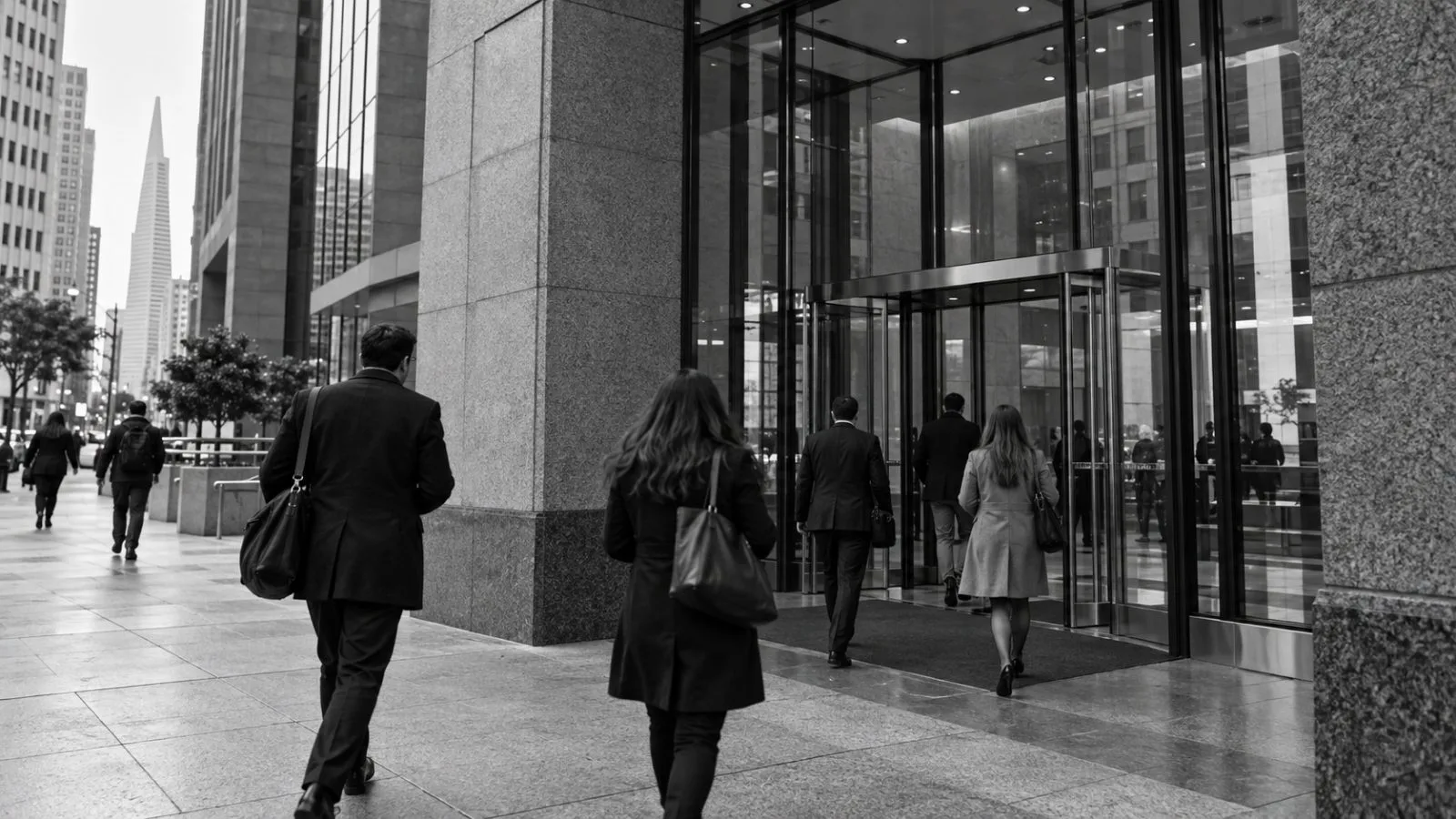 People enter an office building on California Street in San Francisco. (AI-generated image / EconoTimes)