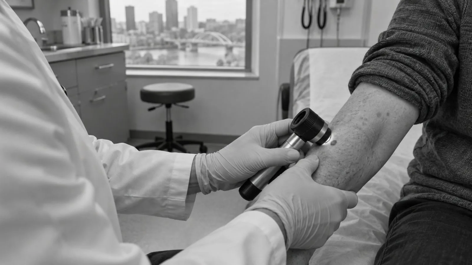 A clinician examines a patient’s forearm during a skin assessment in a Pittsburgh dermatology clinic. (AI-generated image / EconoTimes)