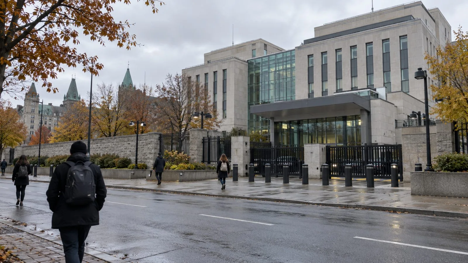 Pedestrians pass the U.S. Embassy in Ottawa on an overcast afternoon. (AI-generated image / EconoTimes)