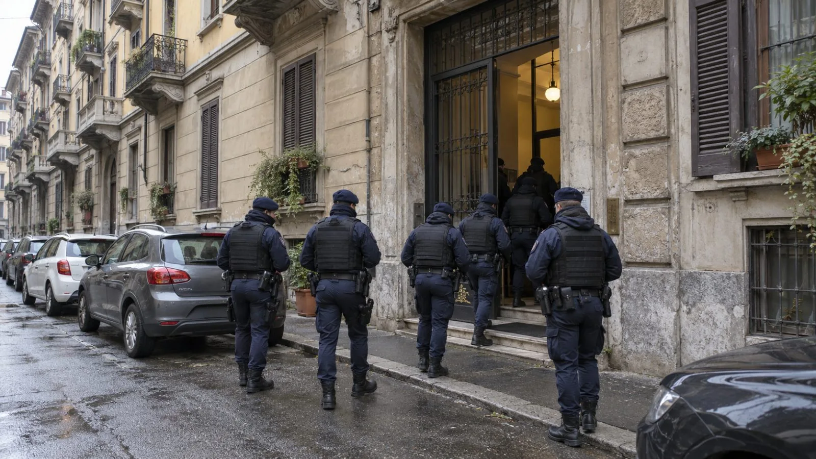 Police officers stand at the entrance to a residential building in Milan. (AI-generated image / EconoTimes)