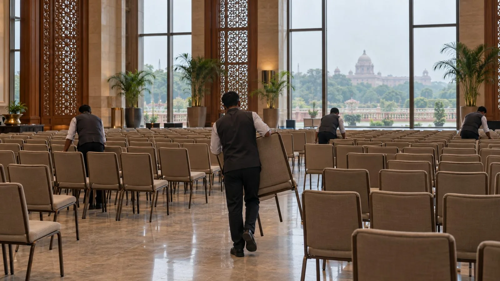 Workers arrange chairs in a conference hall in New Delhi, India. (AI-generated image / EconoTimes)