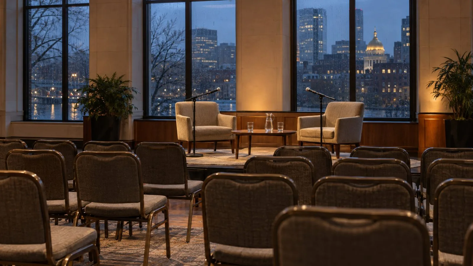 Empty chairs and microphones await a public discussion inside a Boston conference hall (AI-generated image / EconoTimes)