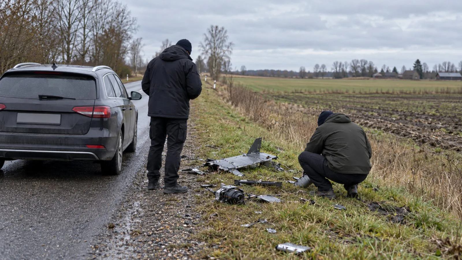 Investigators examine debris beside a stopped car near Juodžioniai, Lithuania. (AI-generated image / EconoTimes)