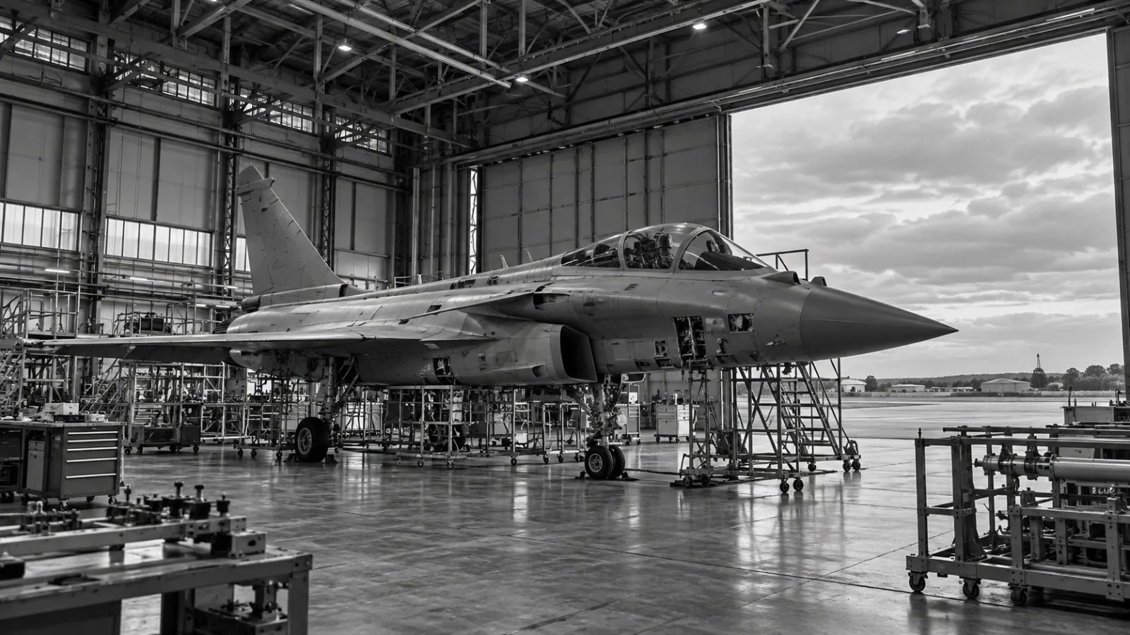 A fighter aircraft sits inside an assembly hangar at an aerospace facility in Manching, Germany. (AI-generated image / EconoTimes)