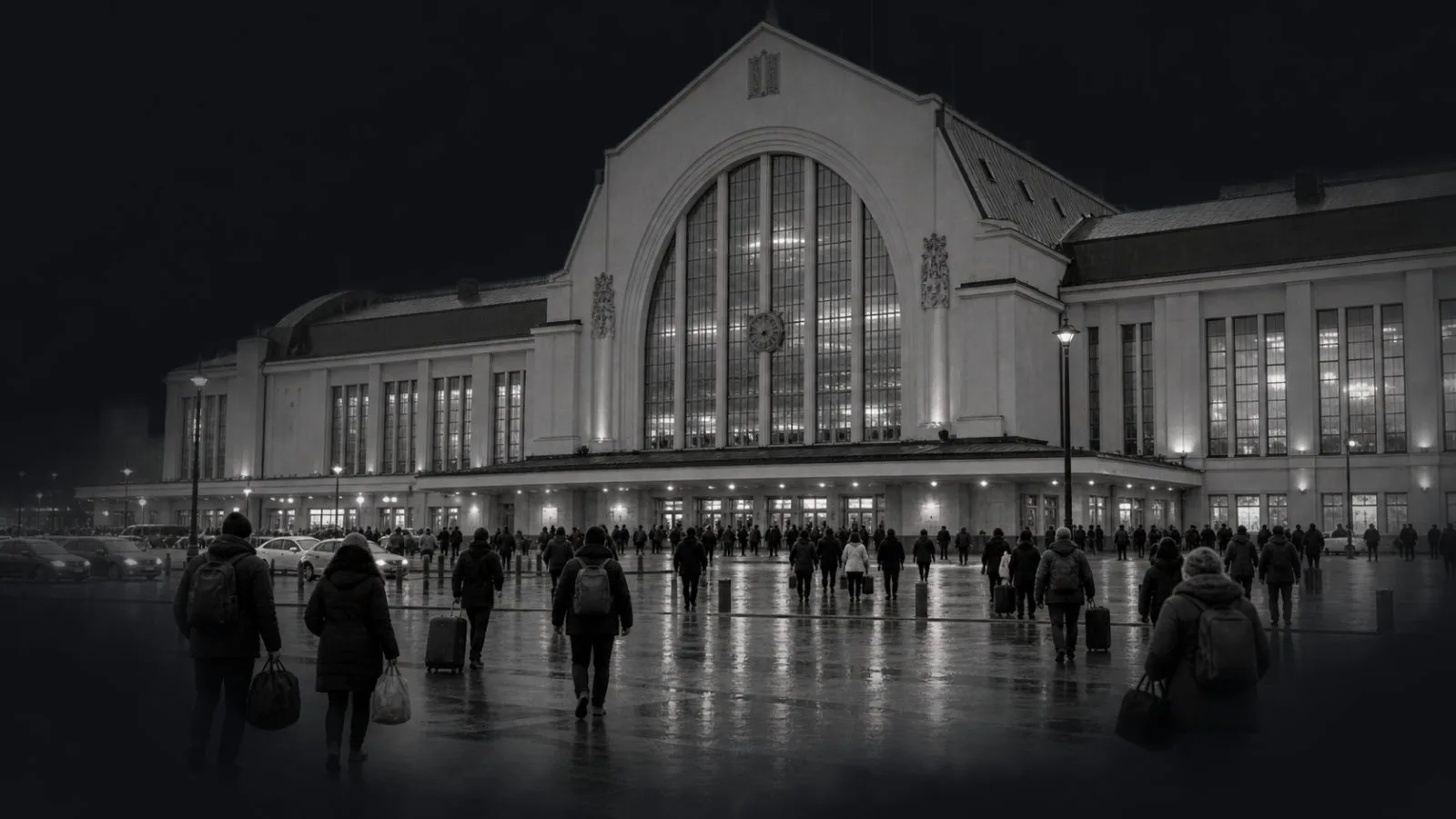 Travelers cross the forecourt of Kyiv-Pasazhyrskyi railway station in overcast daylight. / EconoTimes.ai