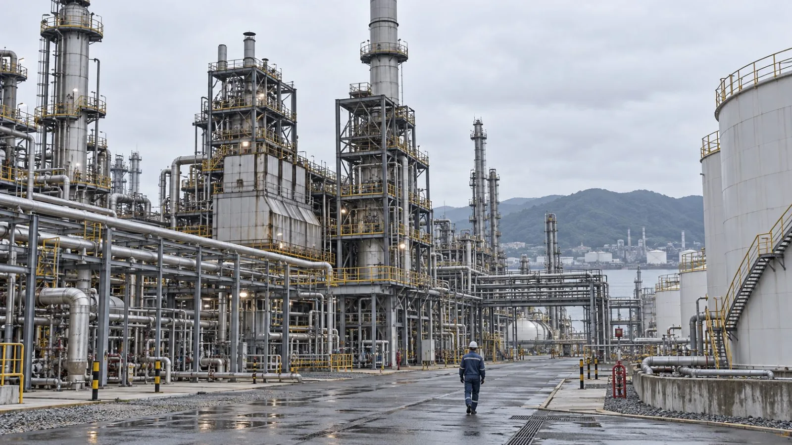 Processing towers and storage tanks stand at a petrochemical complex in Yeosu, South Korea. / EconoTimes.ai