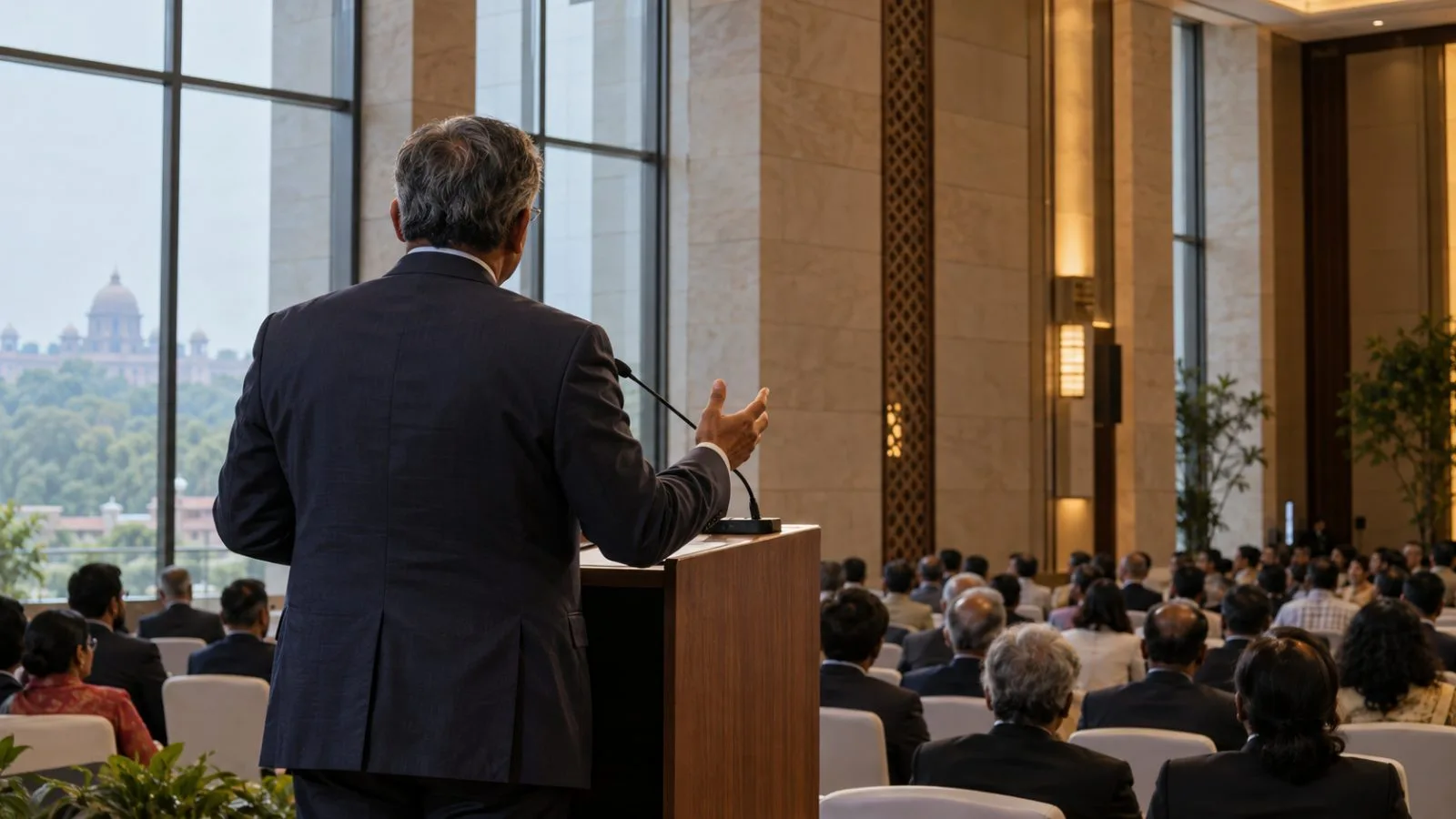 Silhouetted attendees face a conference stage during a summit in New Delhi, India. (AI-generated image / EconoTimes)