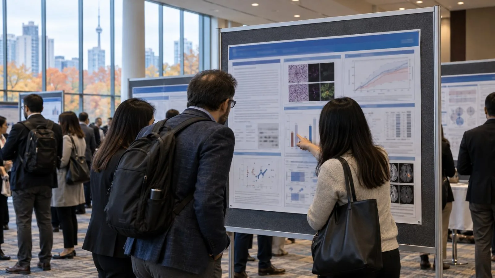 Attendees examine a medical research poster at a conference in Toronto, Canada. (AI-generated image / EconoTimes)