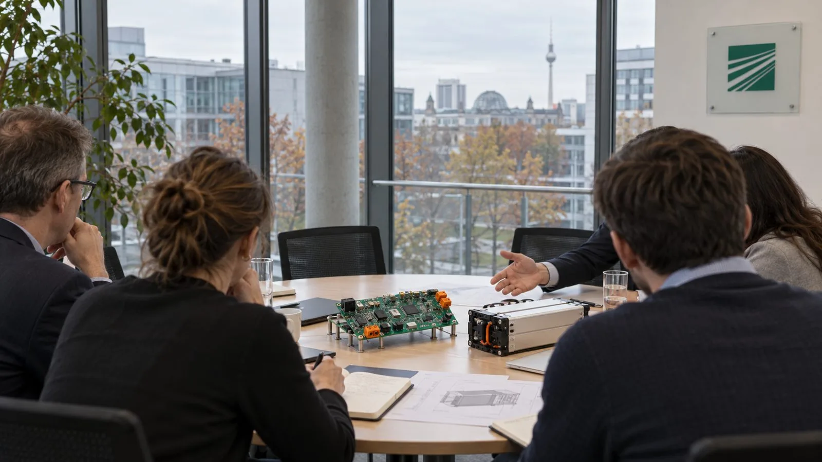 Researchers and officials examine a battery module during a roundtable in Berlin, Germany. / EconoTimes.ai