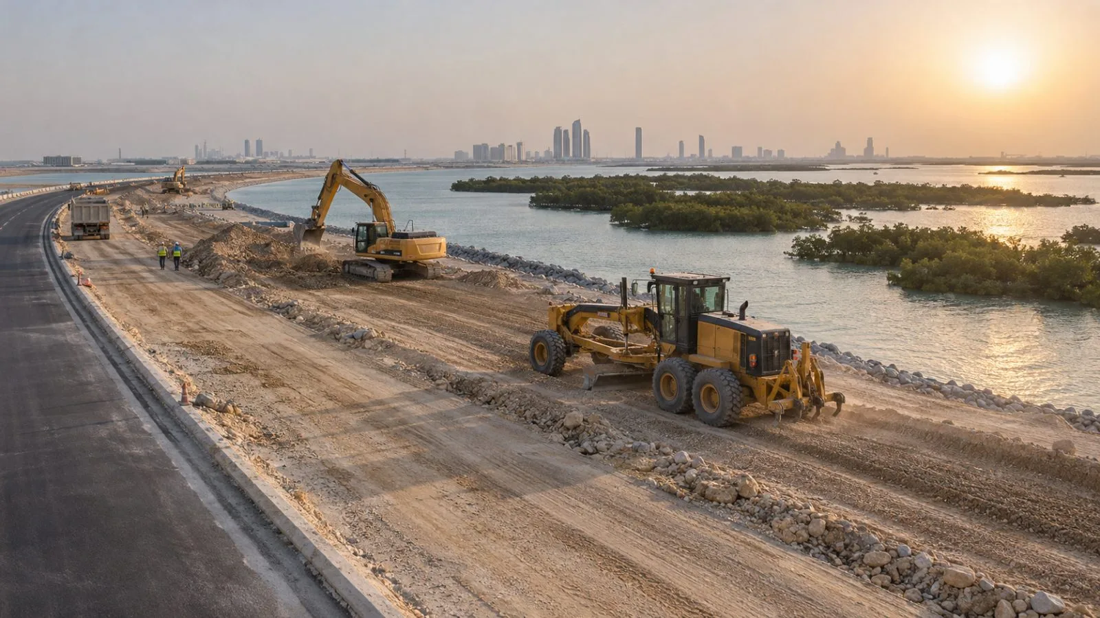 Earthmoving equipment grades a coastal road corridor near Abu Dhabi’s Jubail Island. (AI-generated image / EconoTimes)