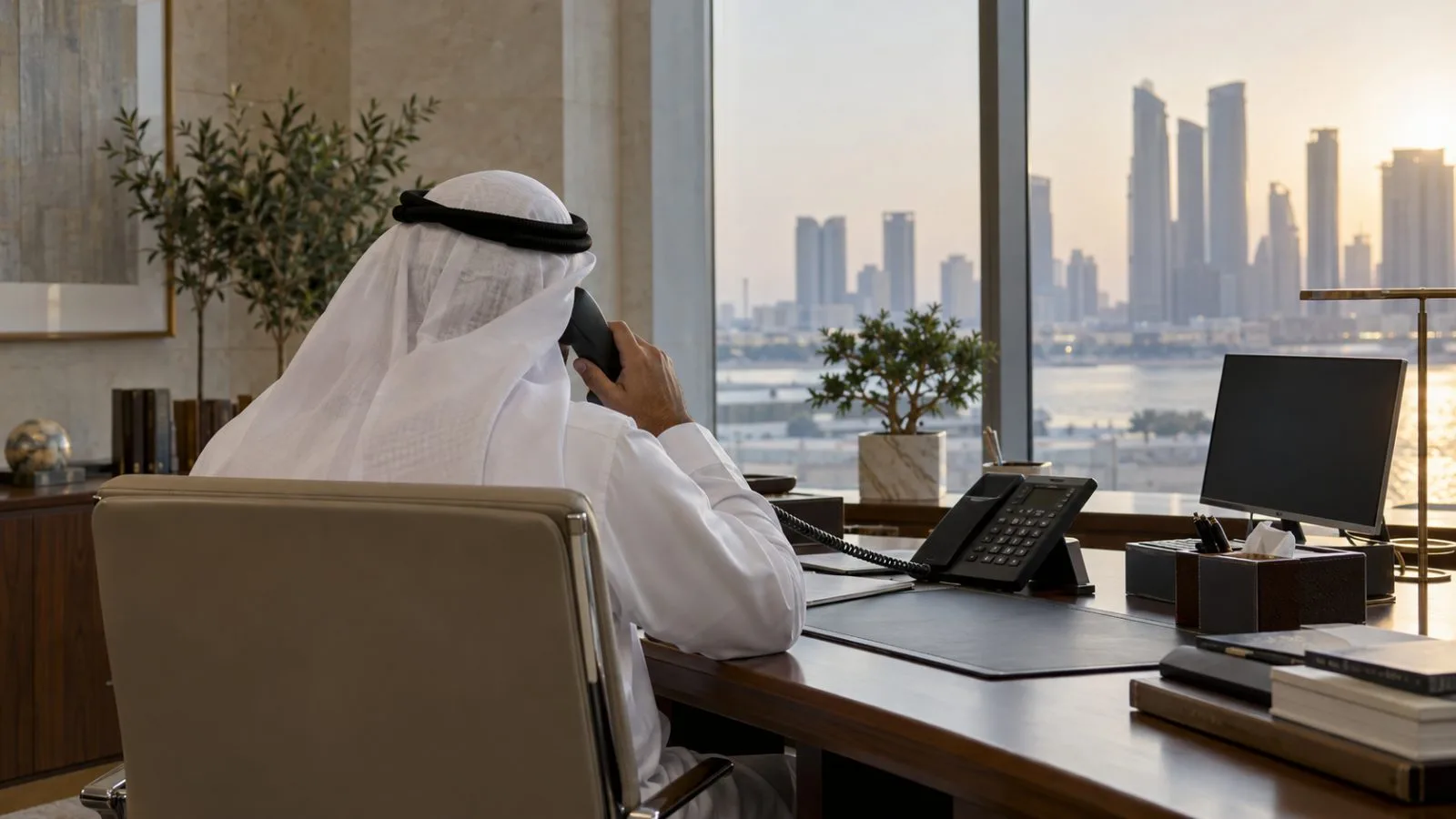An official speaks by phone inside the UAE Ministry of Foreign Affairs in Abu Dhabi. (AI-generated image / EconoTimes)