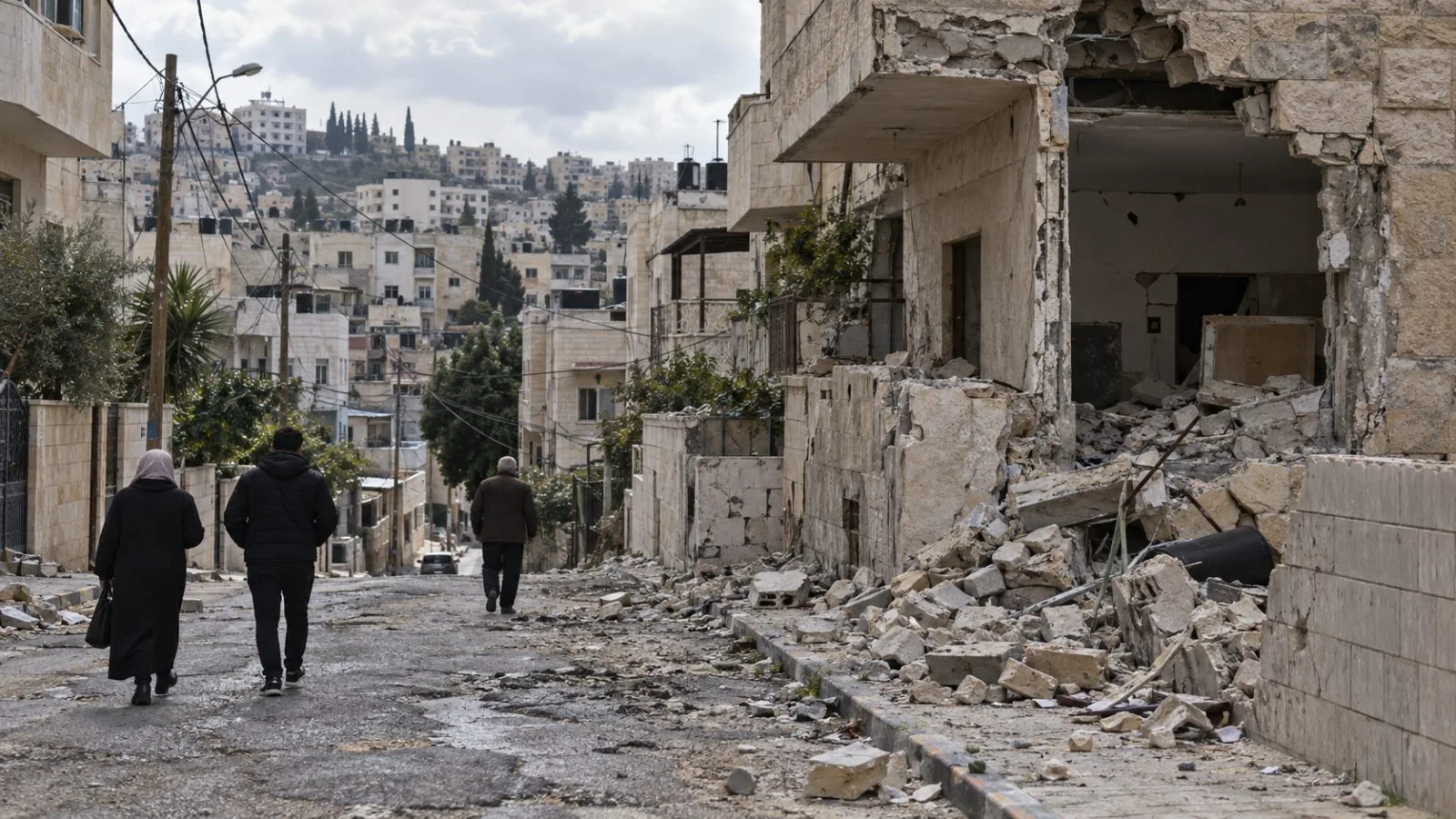 Residents walk past a damaged home on a street in Jenin, West Bank. (AI-generated image / EconoTimes)