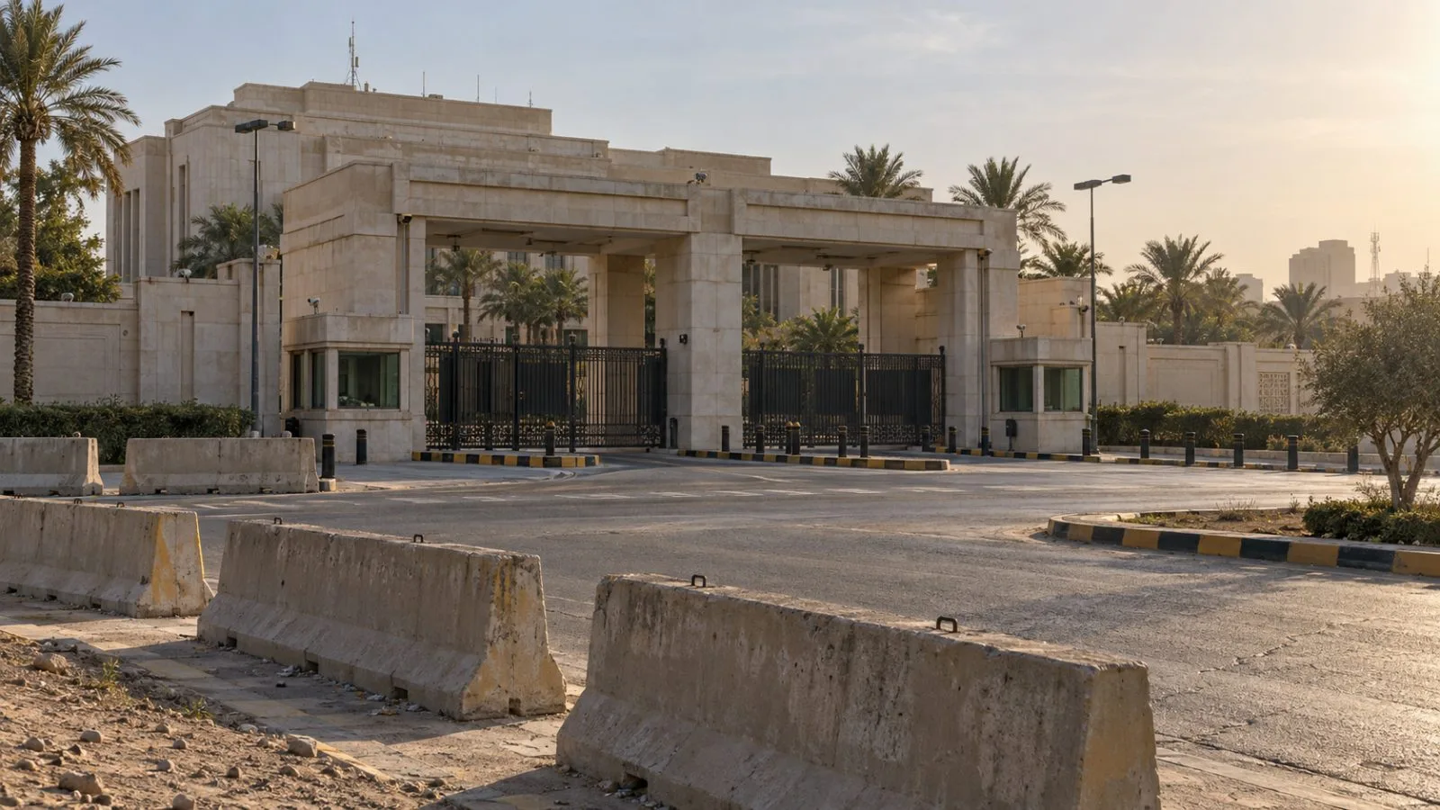 The Iraqi Prime Minister's Office compound stands behind a security gate in Baghdad. (AI-generated image / EconoTimes)