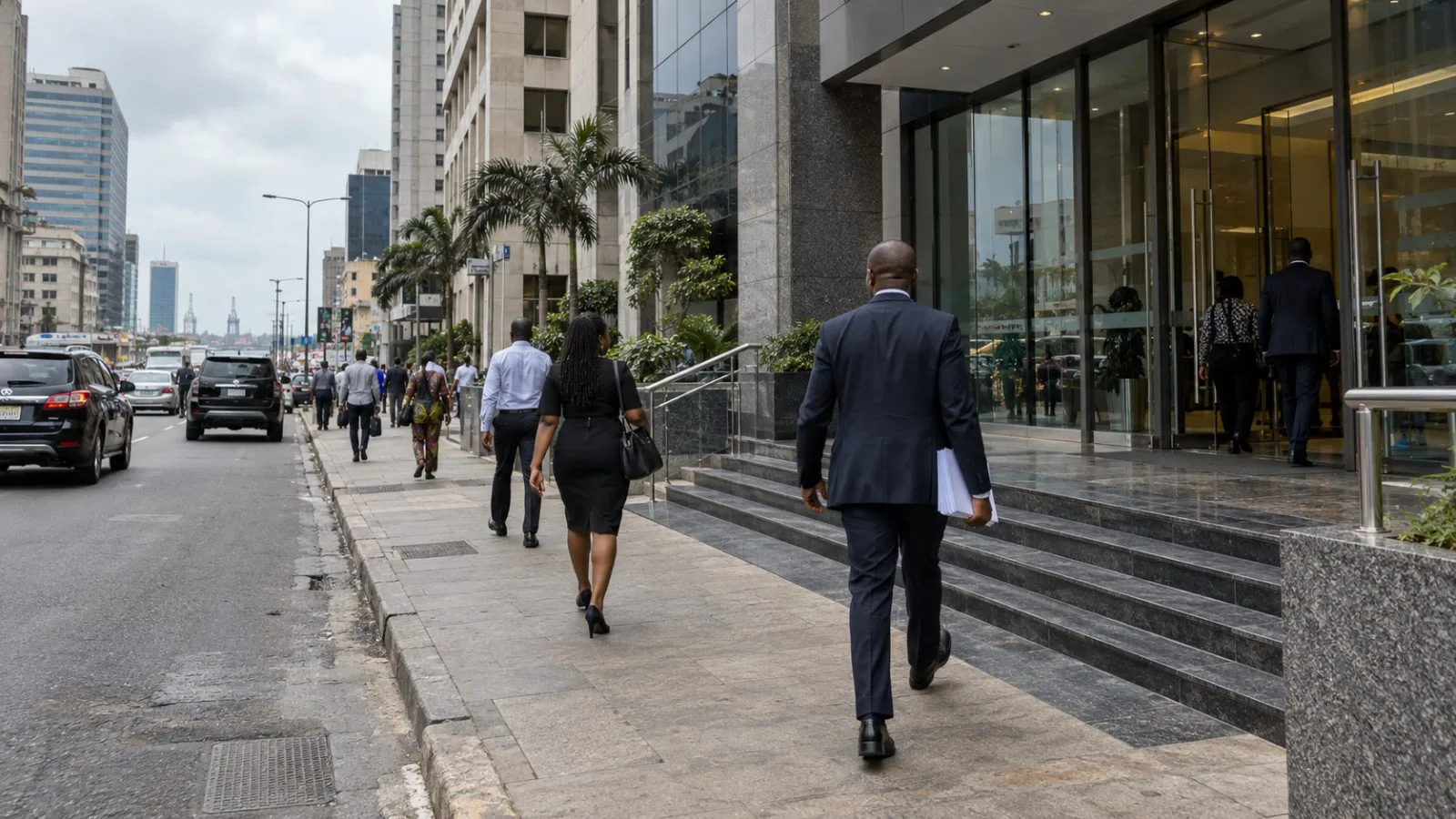 Commuters pass financial offices on Customs Street in Lagos, Nigeria (AI-generated image / EconoTimes)