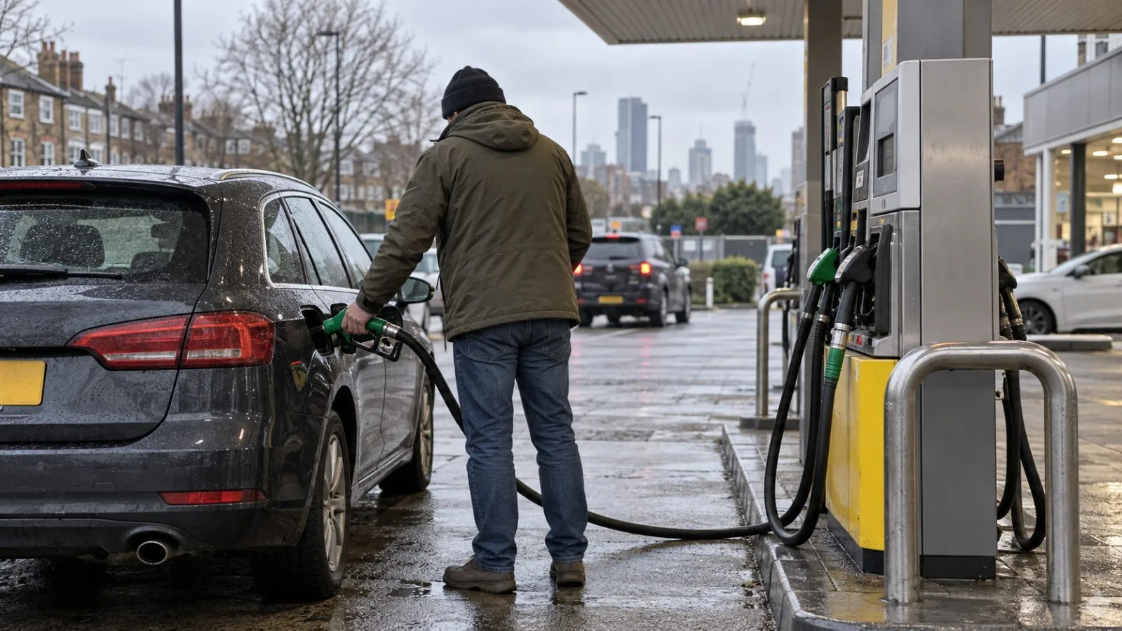 A motorist fills a vehicle at a London filling station on an overcast morning. (AI-generated image / EconoTimes)
