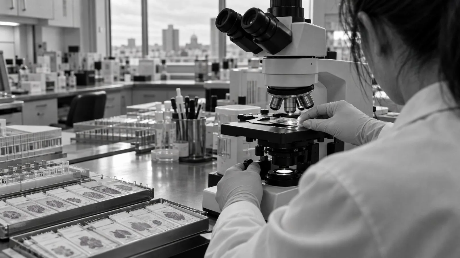 A gloved technician examines an esophageal biopsy slide in a Boston hospital pathology laboratory. / EconoTimes.ai