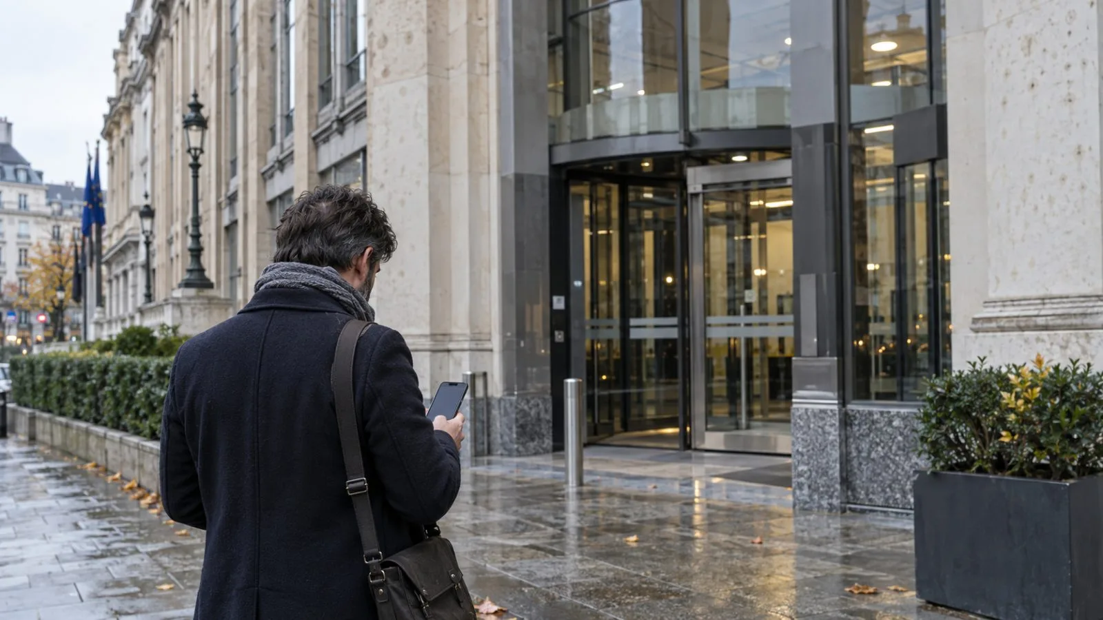A taxpayer checks a phone outside a federal finance office in Brussels, Belgium. (AI-generated image / EconoTimes)