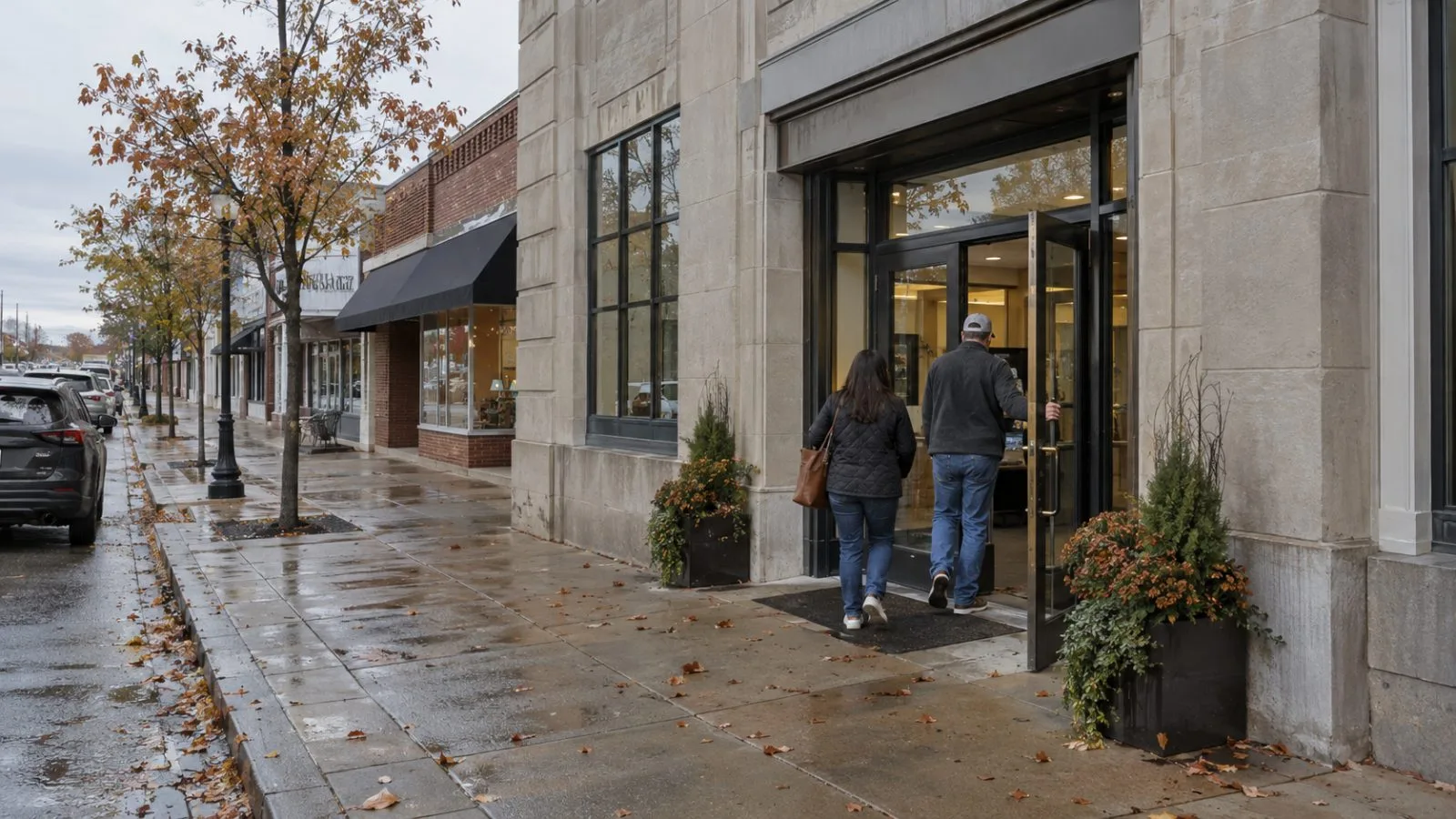 Customers enter a neighborhood bank branch on a commercial street in Oklahoma City (AI-generated image / EconoTimes)