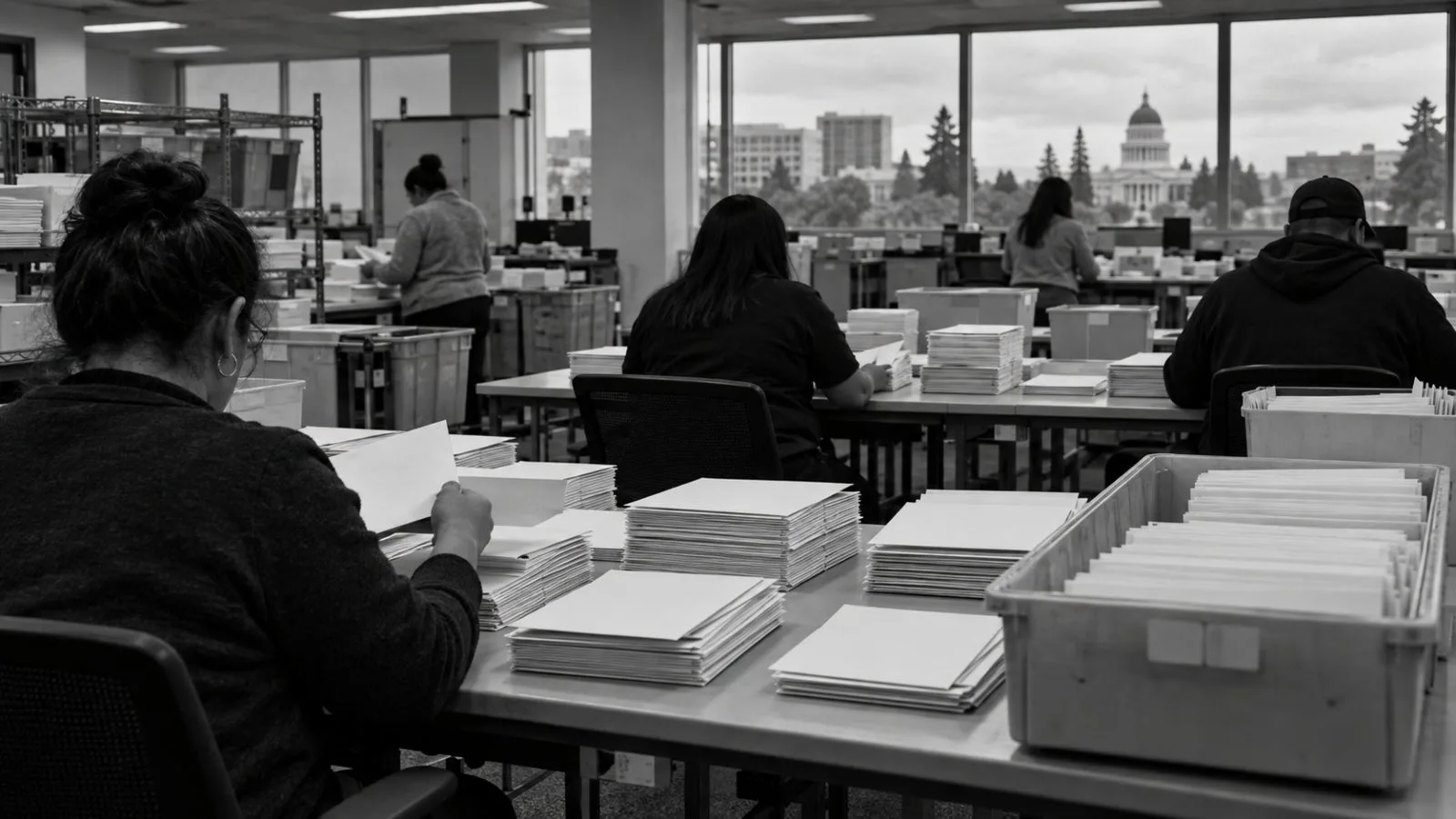Election workers sort mail-ballot envelopes at a county elections office in Sacramento, California. (AI-generated image / EconoTimes)